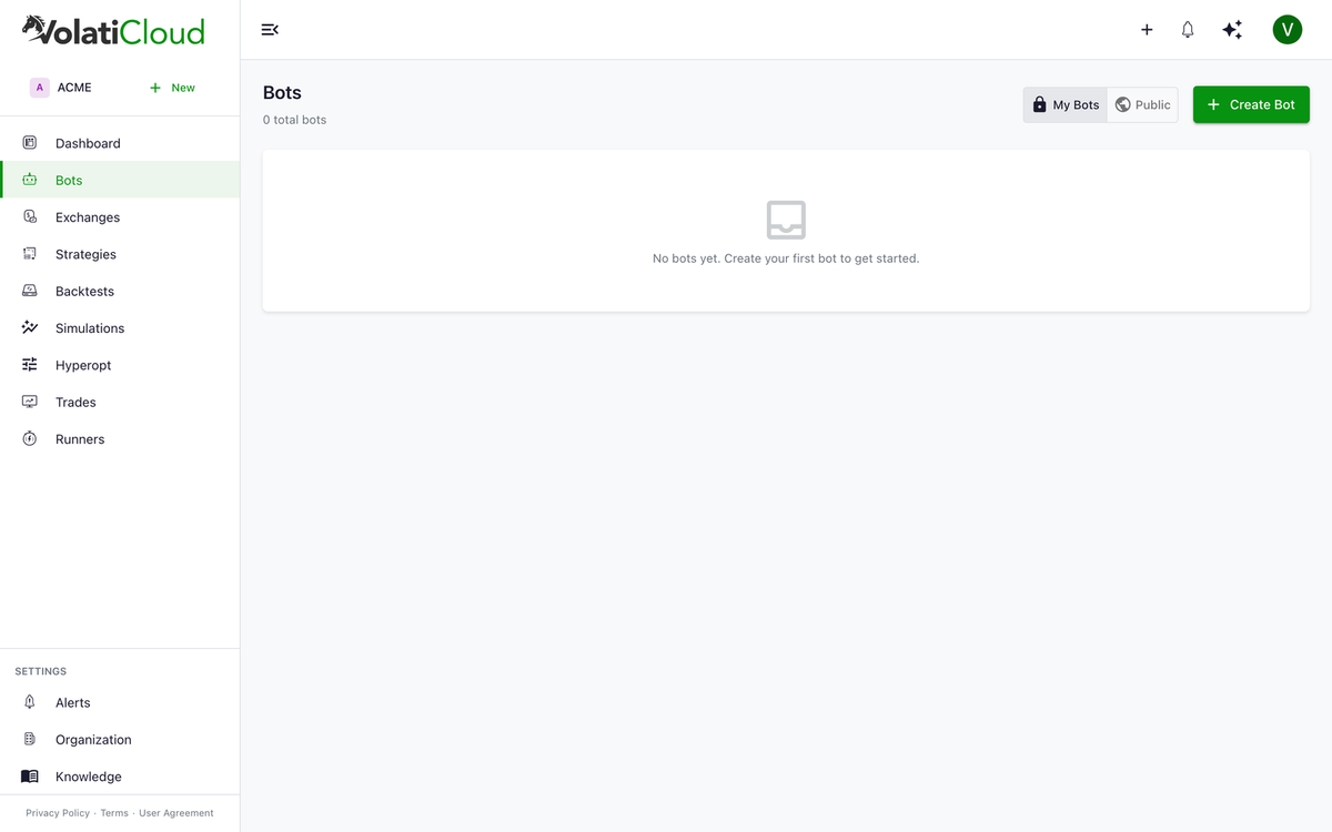 Bots list page with an empty state placeholder and a green Create Bot button highlighted in the top right of the toolbar