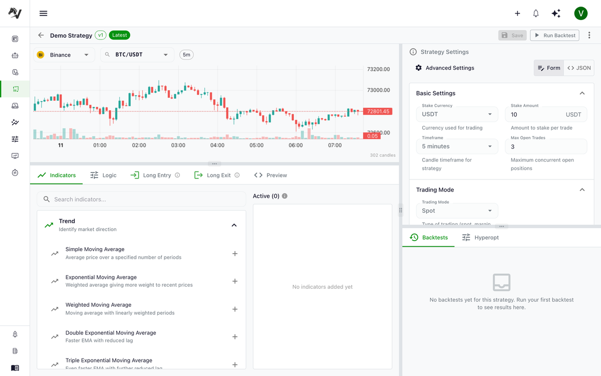 Strategy Studio Indicators tab showing the indicator library on the left grouped by Trend, Momentum, and Volatility categories, the active indicators list, and a live BTC/USDT price chart on the right