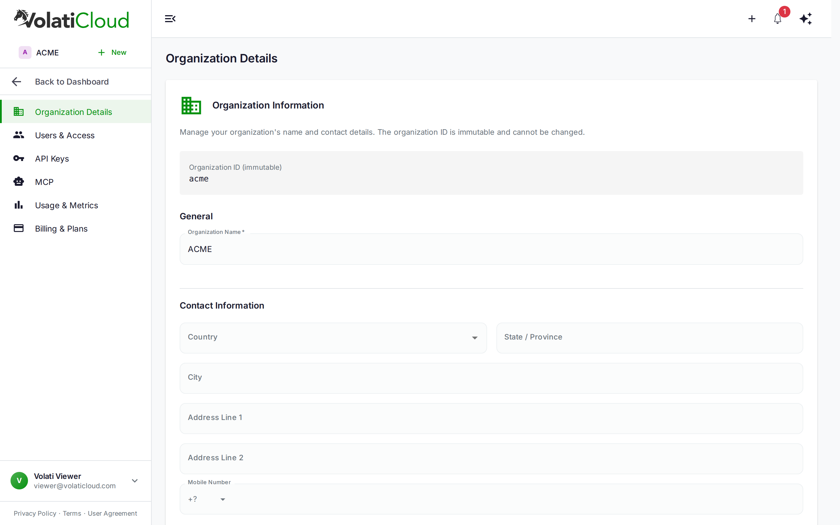 Organization Details page with form fields for Name, Alias (read-only), Country, State, City, Address, and Phone, plus a red Disable Organization button at the bottom of the page