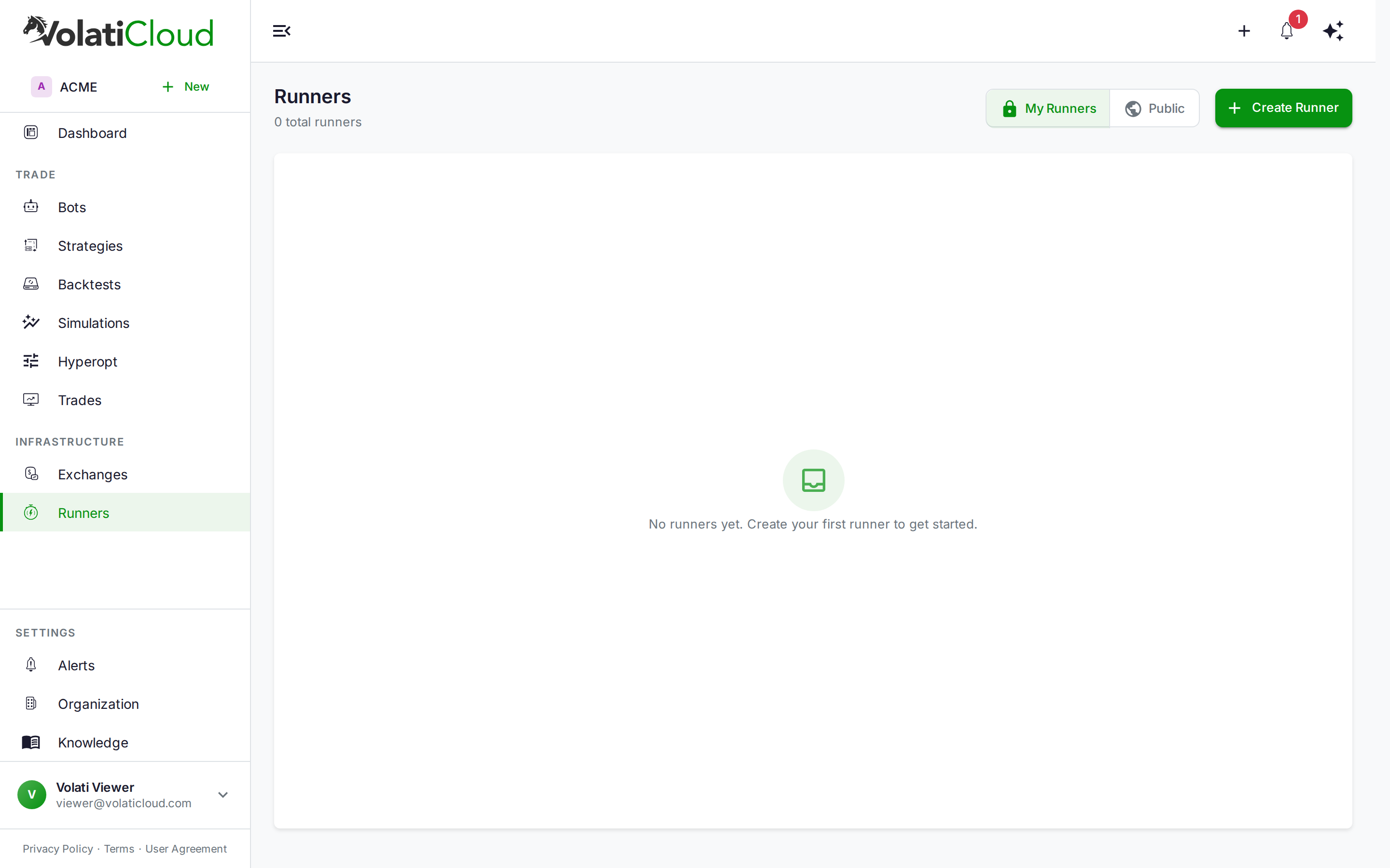 VolatiCloud Runners list page showing existing runner rows with type and status columns, plus a green Add Runner button in the top right — the starting point for adding a Kubernetes runner