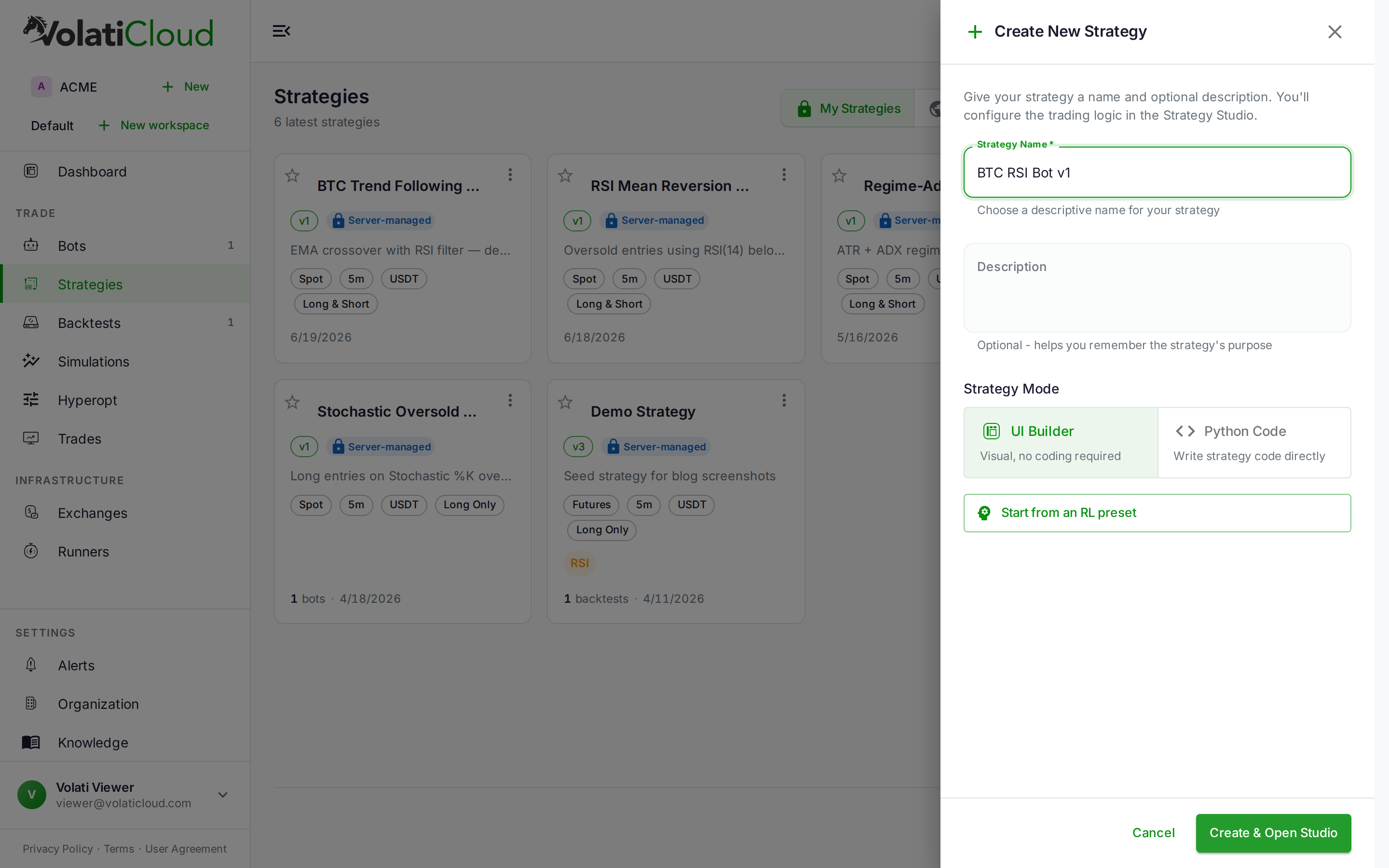 VolatiCloud Create New Strategy form showing the Strategy Name field, UI Builder and Python Code mode selection, and Start from an RL preset option