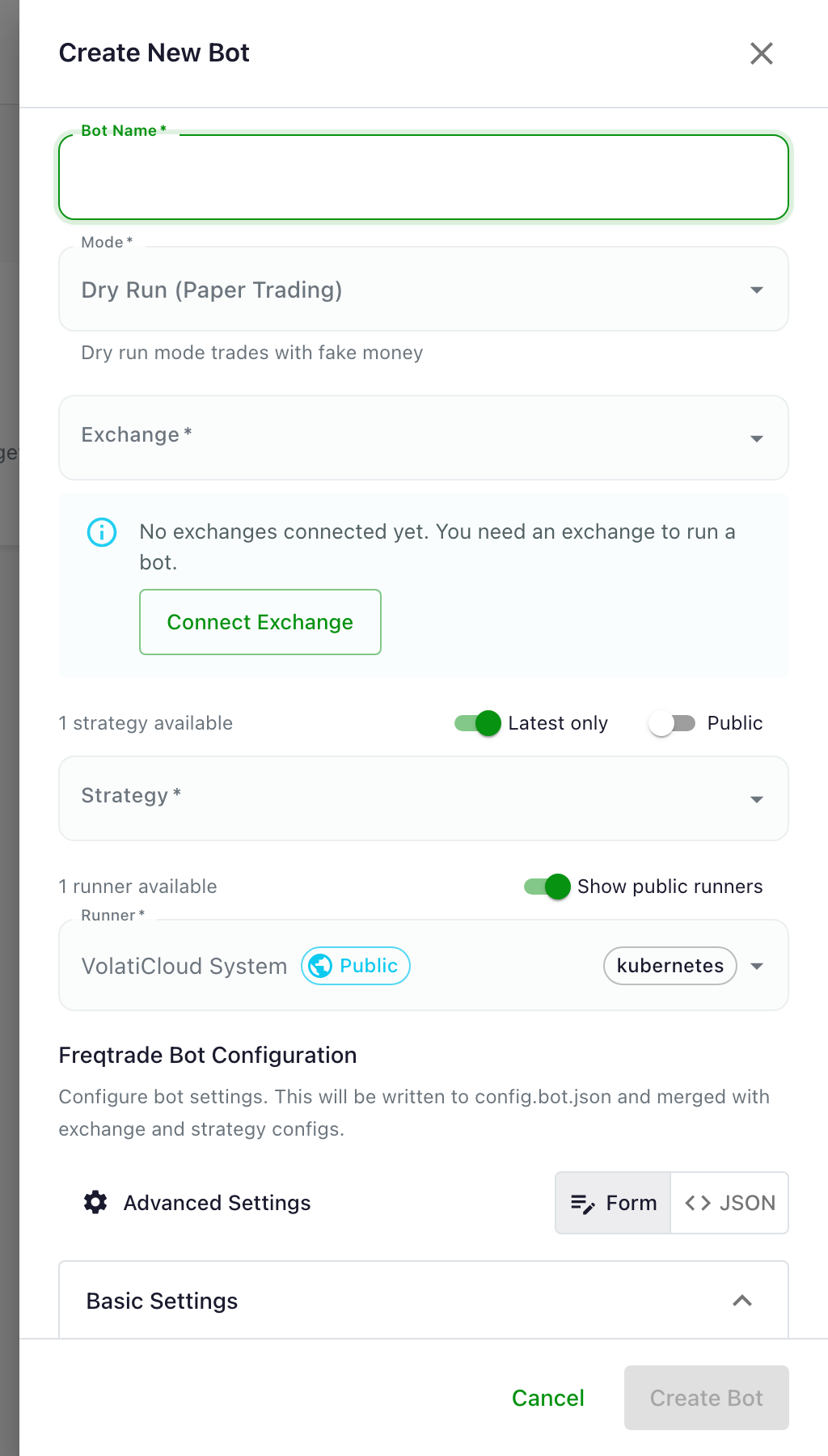 Create Bot drawer in its initial empty state, with unset Strategy, Exchange, and Runner dropdowns and the Create Bot button disabled until every required field is filled