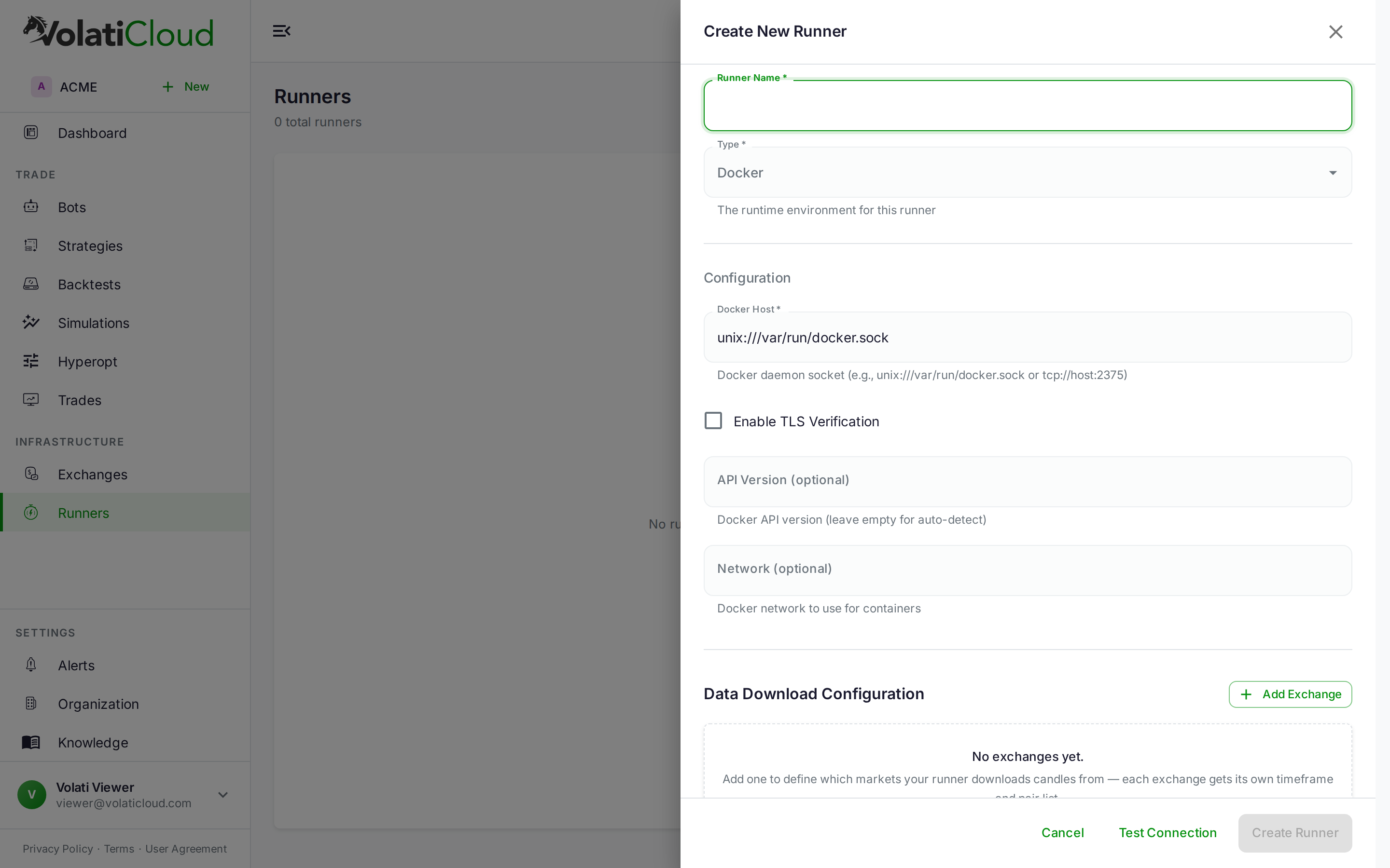 Create Runner drawer with the Kubernetes runner type selected, revealing fields for kubeconfig, context, namespace, ingress host and class, TLS secret, storage class, shared data PVC, Freqtrade image, and Prometheus URL
