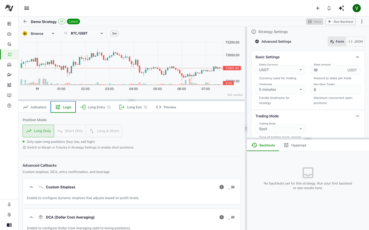 Strategy Studio Logic tab showing position mode selector and advanced callback toggleable sections for stop-loss, DCA, entry confirmation, and leverage