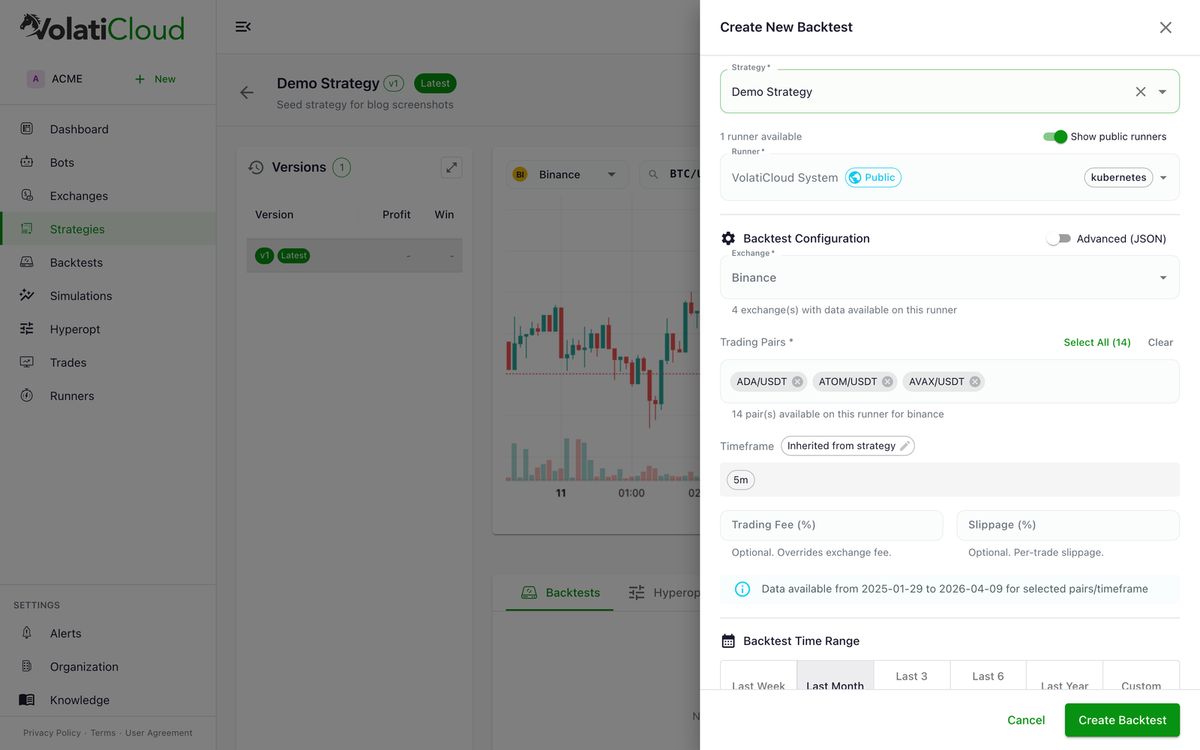 Run Backtest drawer with Strategy, Runner, Exchange, Pairs, Timeframe fields and a Backtest Time Range section with quick-select chips and start/end date pickers