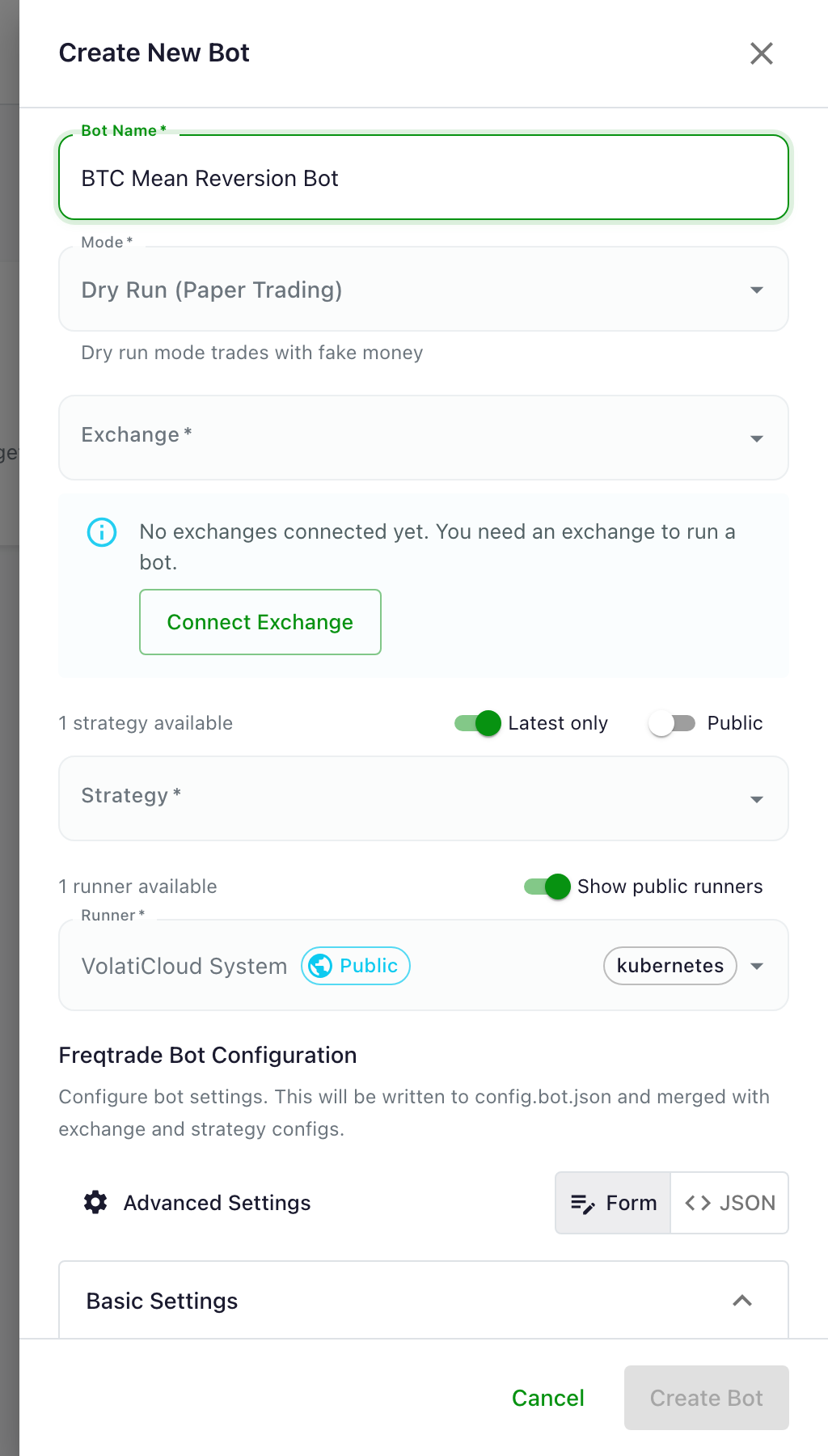 Create Bot drawer in VolatiCloud with the Name field filled "BTC Mean Reversion Bot", Mode set to Dry Run, and Strategy, Exchange, and Runner selectors all populated, with the green Create Bot button active in the footer