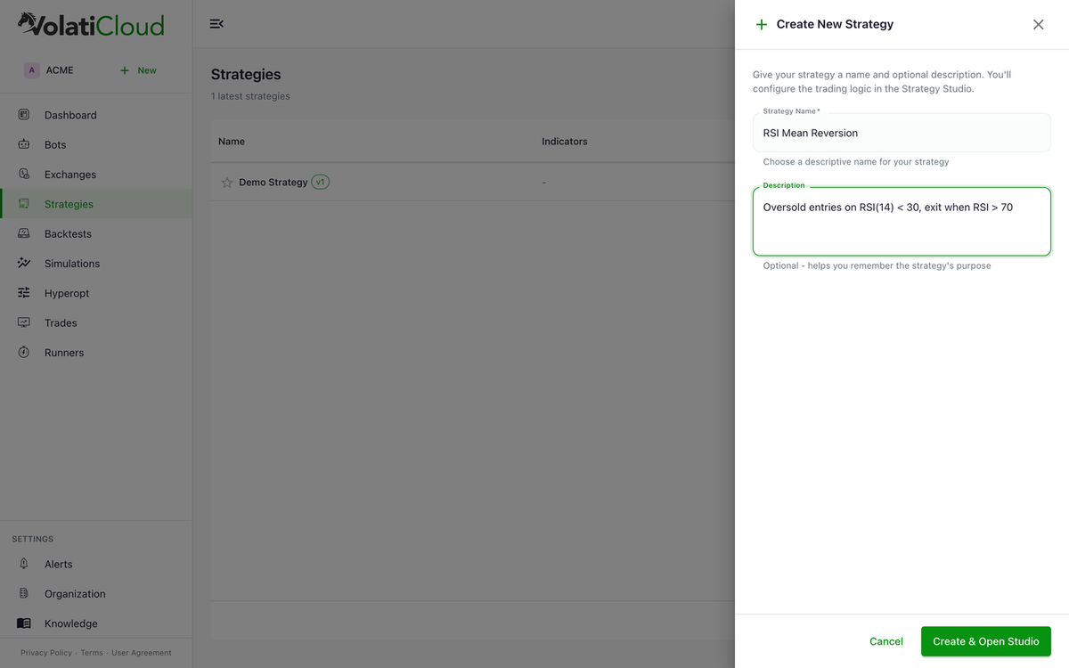 Create Strategy drawer slid in from the right with the Name field filled in as "RSI Mean Reversion", a short description, and a Create button ready to submit