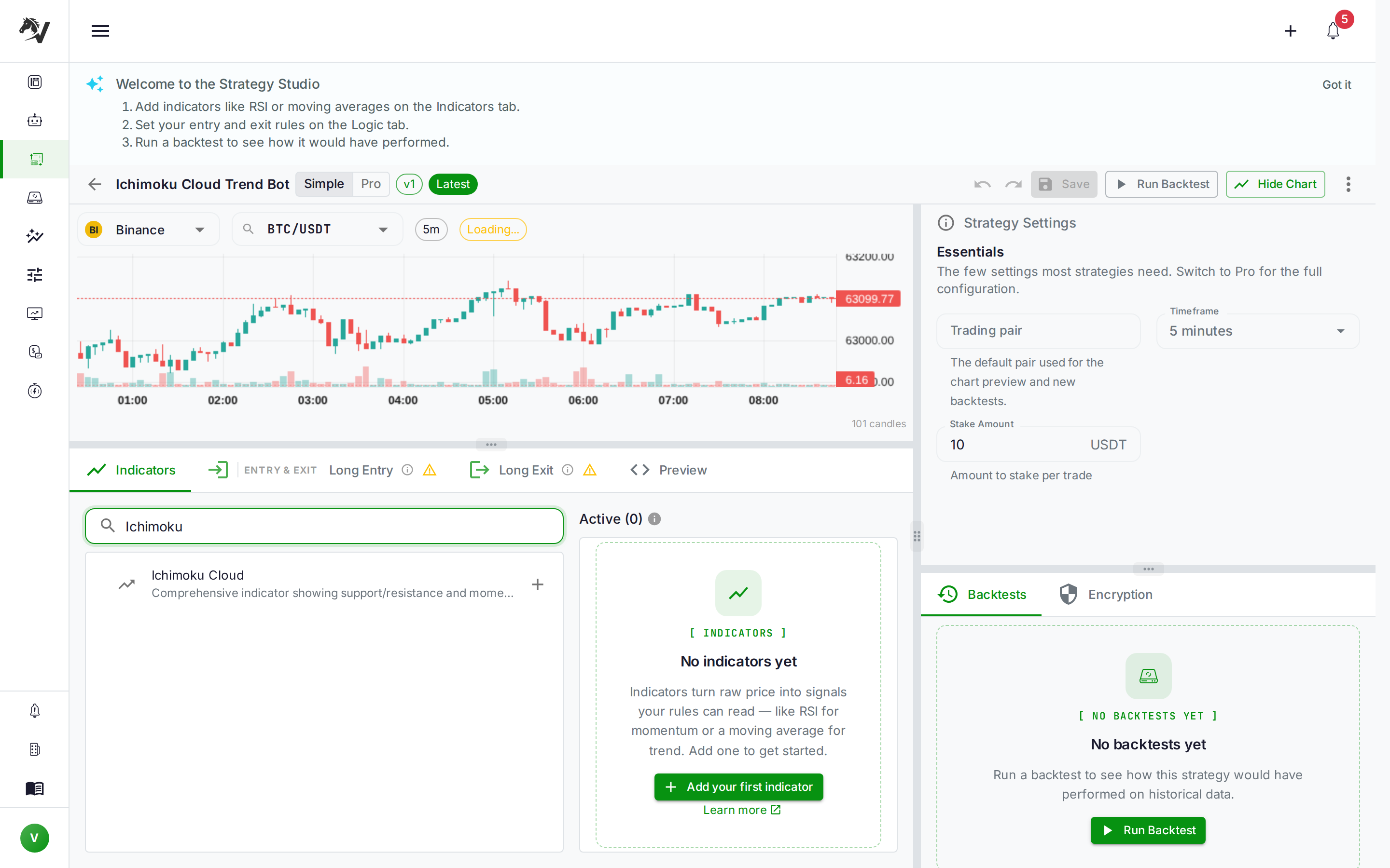 VolatiCloud Strategy Builder indicator library filtered to Ichimoku Cloud, live BTC/USDT chart on the right