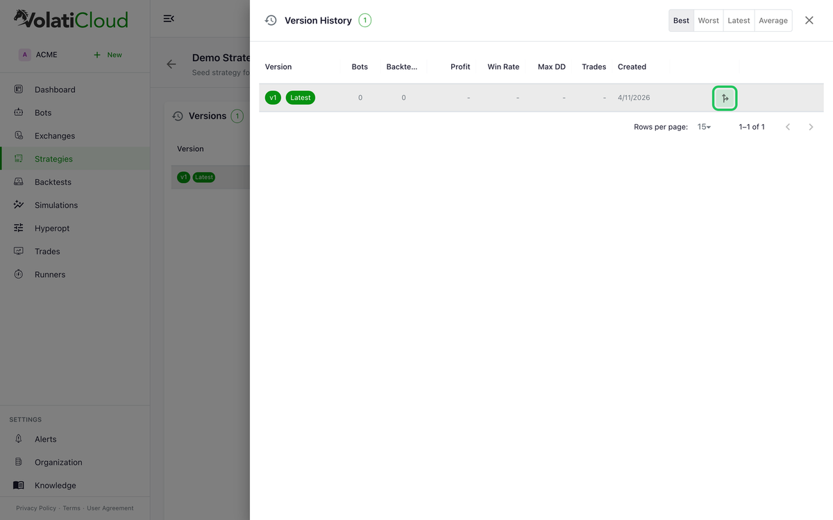 Expanded Version History drawer listing previous strategy versions with a Fork action button on each row, letting you branch from any point in the version chain