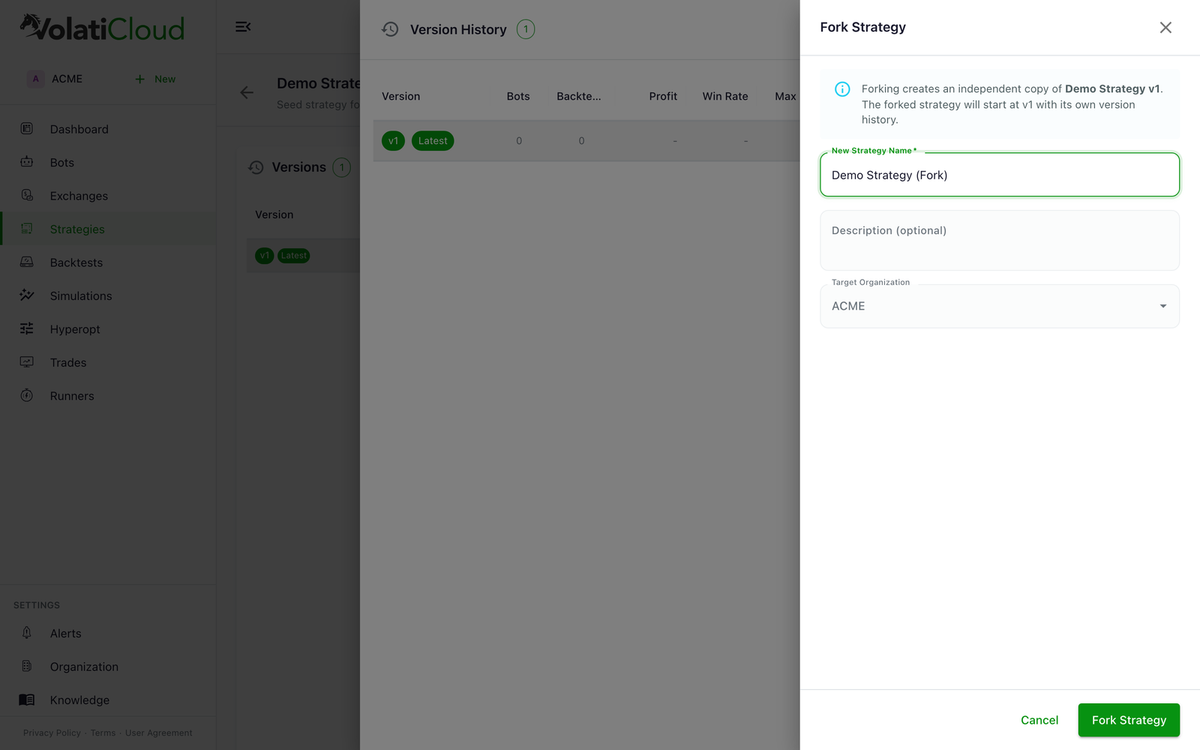 Fork Strategy drawer with a prefilled new strategy name, optional description, and target organization selector — the forked strategy starts at v1 with its own version history