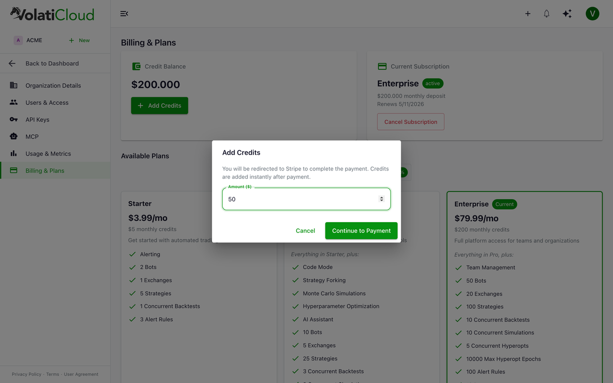 Add Credits dialog with the Amount field filled "$50", a short explanatory paragraph about Stripe Checkout, and a primary Continue to Checkout button