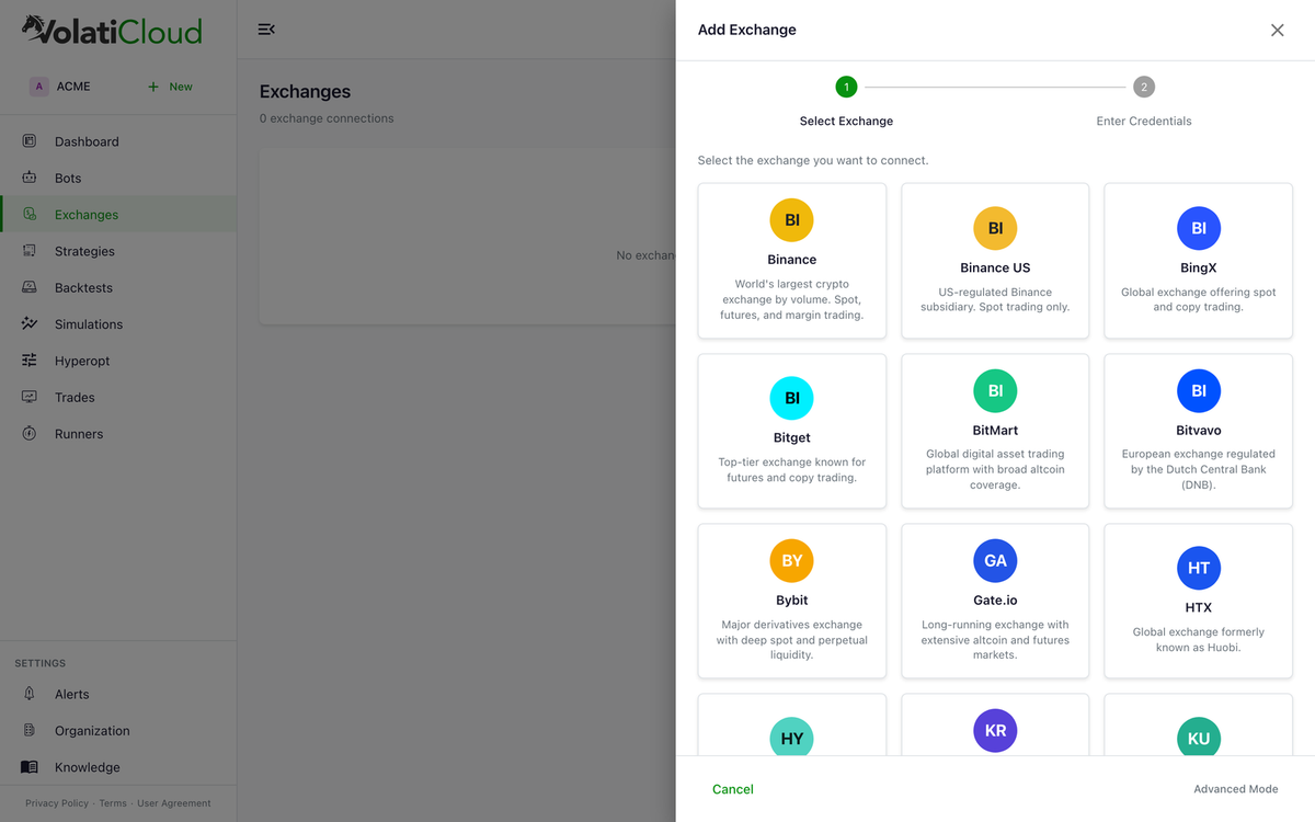 Add Exchange wizard drawer showing the supported exchange grid with logos and descriptions for Binance, Binance US, BingX, Bitget, BitMart, Bitvavo, Bybit, Gate.io, HTX, and more, with a two-step "Select Exchange → Enter Credentials" stepper at the top