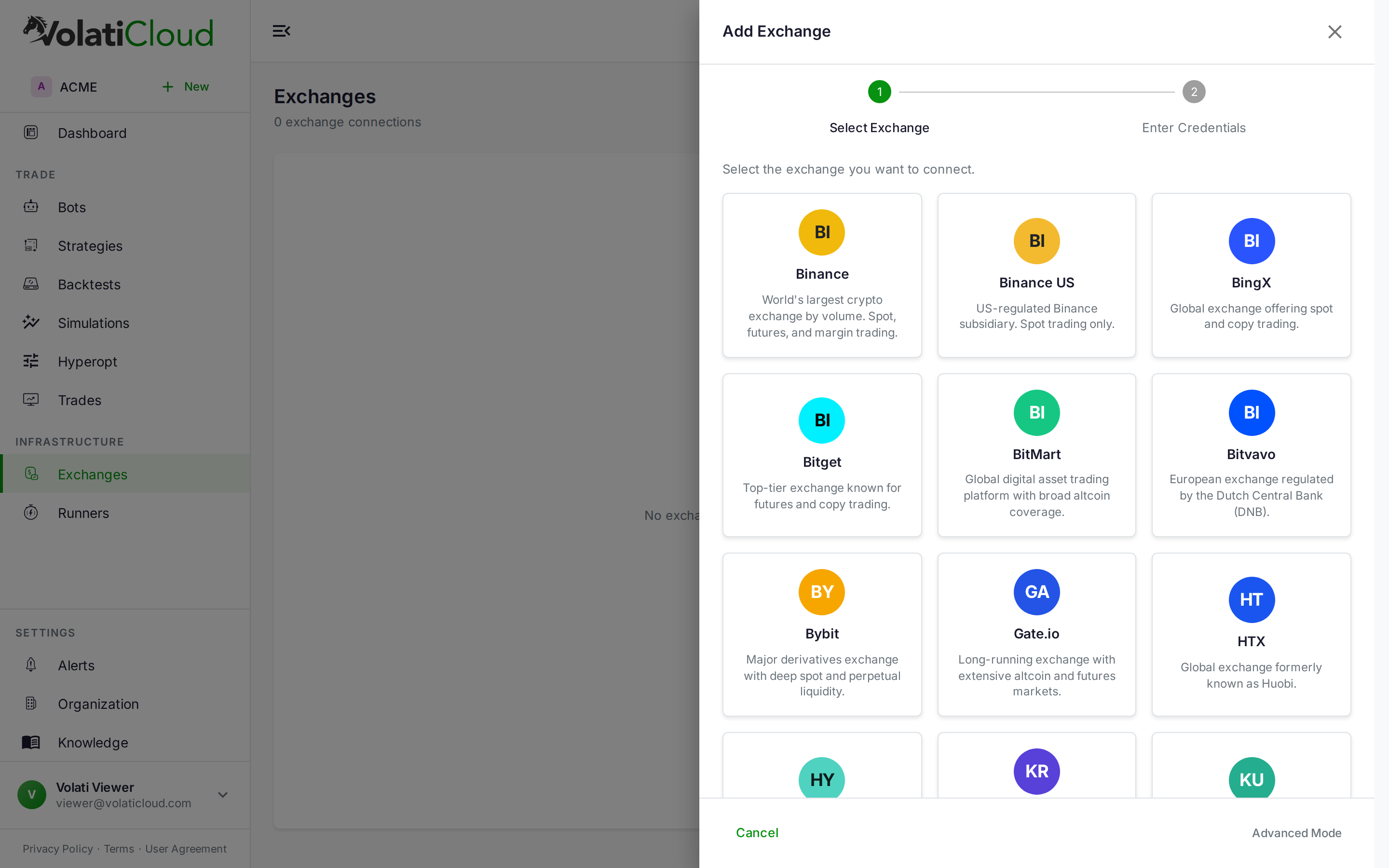 Add Exchange wizard drawer showing a grid of exchange cards with logos and short descriptions for Binance, Binance US, BingX, Bitget, BitMart, Bitvavo, Bybit, Gate.io, HTX, and more, with a Select Exchange to Enter Credentials stepper pinned to the top