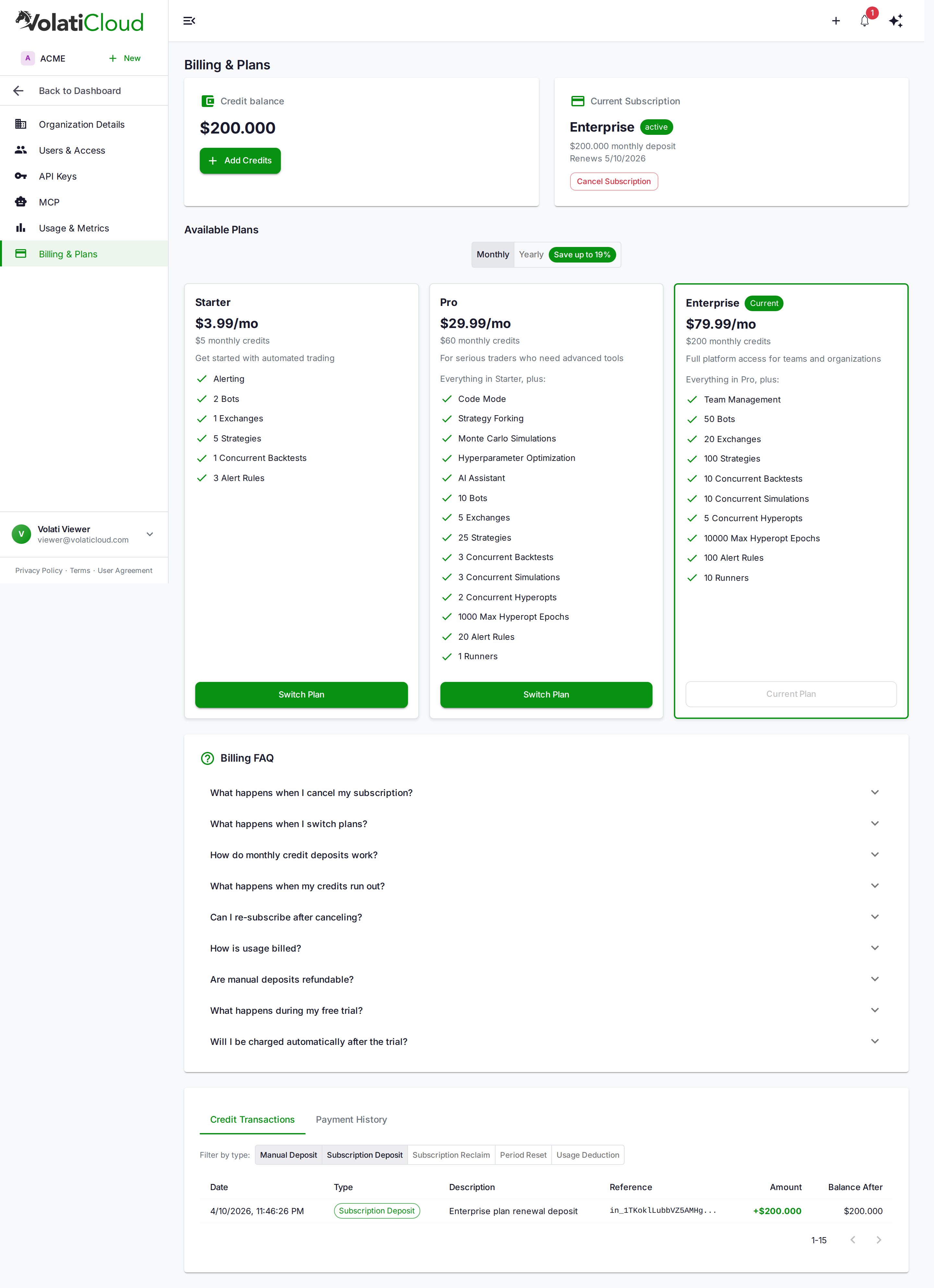 Full Organization Billing page showing the credit balance and current subscription cards at the top, the Available Plans grid in the middle, and a Transaction History table at the bottom with recent credit deposits and subscription charges
