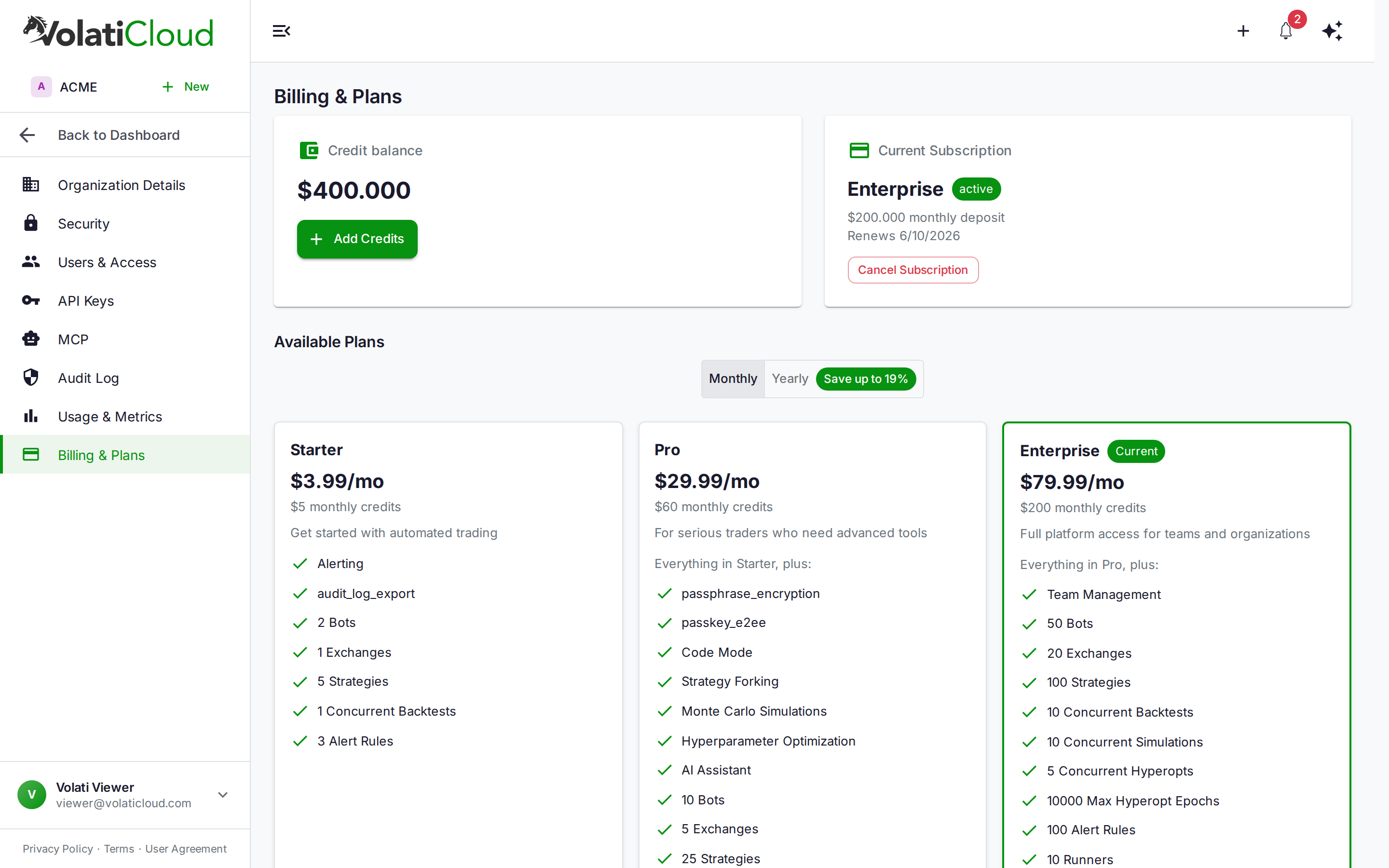 VolatiCloud Billing and Plans page showing a $400.000 credit balance, an active Enterprise subscription renewing 6/10/2026, and the Available Plans grid with Starter at $3.99/mo, Pro at $29.99/mo, and Enterprise at $79.99/mo