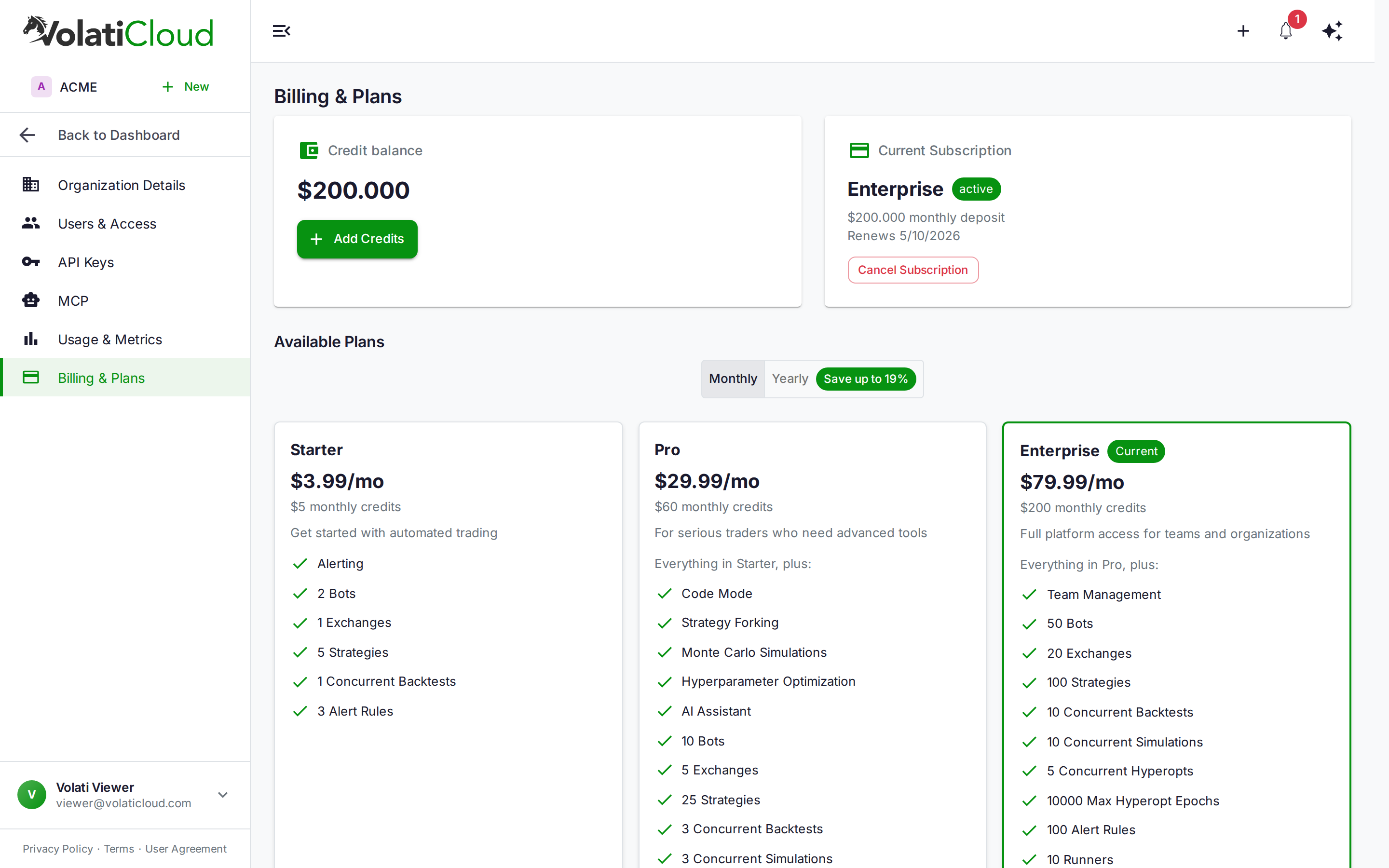 Organization Billing page top cards showing the current credit balance, the active subscription plan and renewal date, and an Available Plans grid with Starter, Pro, and Enterprise tiers