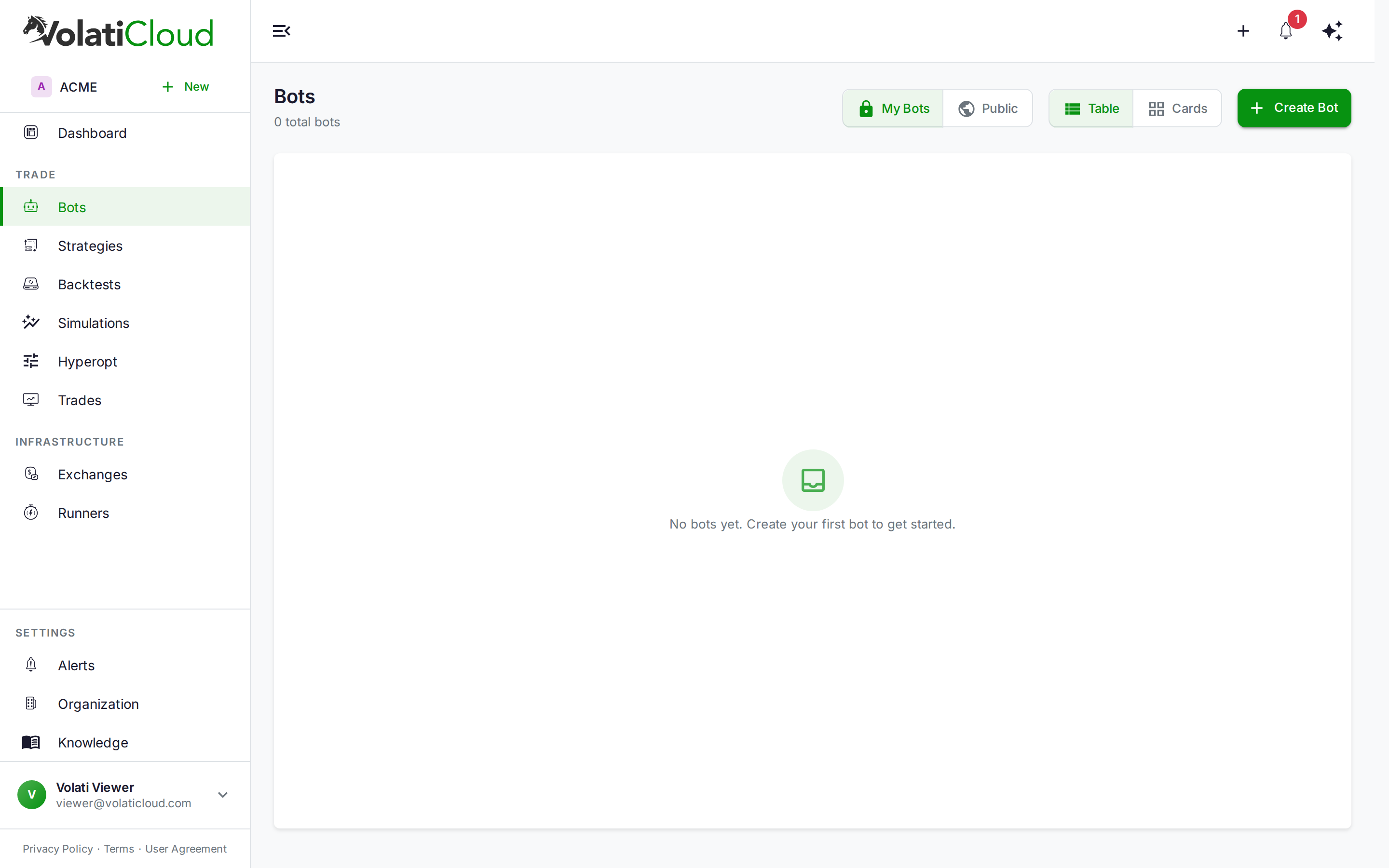 VolatiCloud bot detail page with the live trade feed, equity curve, and open positions panels updating in real time over a WebSocket connection