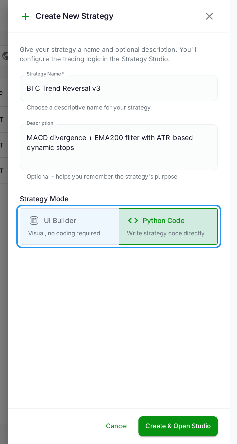 VolatiCloud Create Strategy drawer with Python Code mode selected (highlighted), strategy name and description filled in — the Protect with passkey toggle appears here once a passkey is enrolled