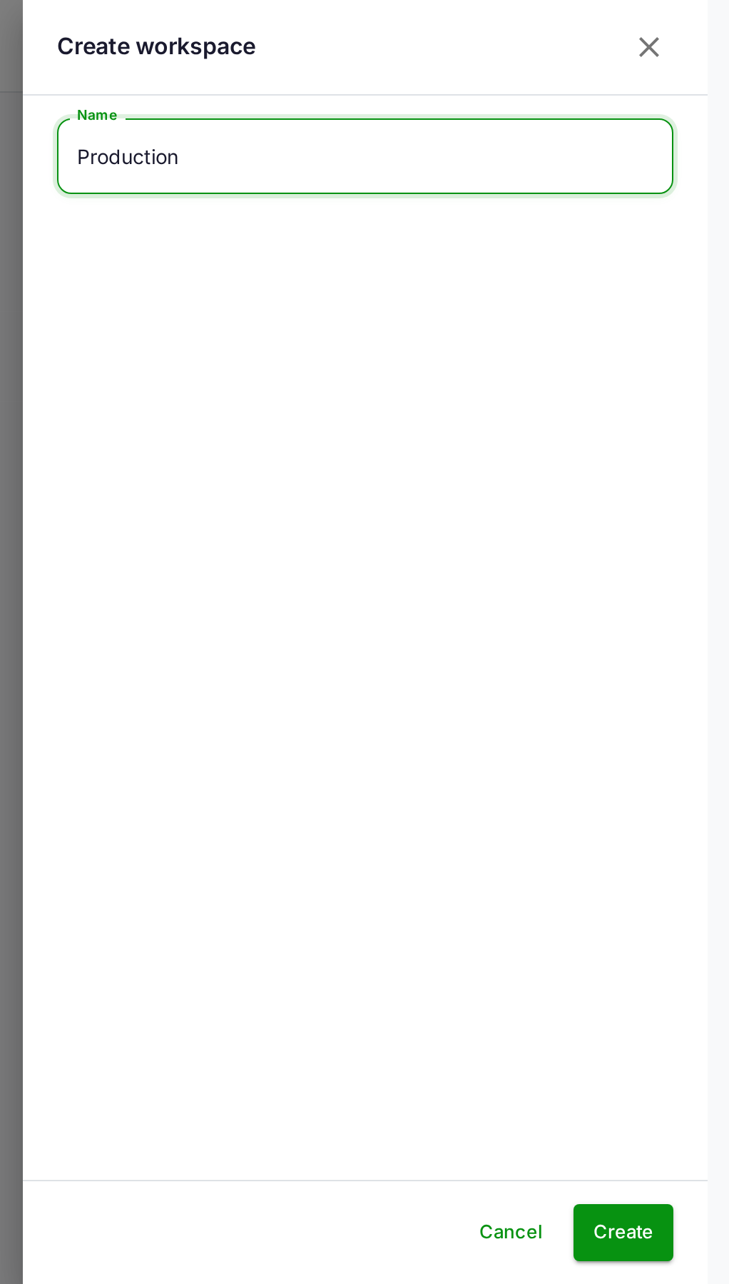 Create Workspace drawer with the name field filled in as 'Production', showing the Create and Cancel buttons