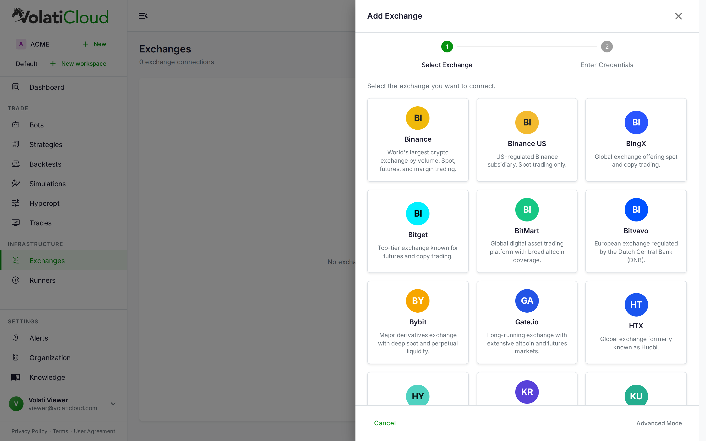 VolatiCloud Add Exchange wizard showing the two-step flow and exchange selection grid with Binance, Bybit, Gate.io, Bitget, BitMart, Bitvavo, HTX, and more — each described with their supported trading modes