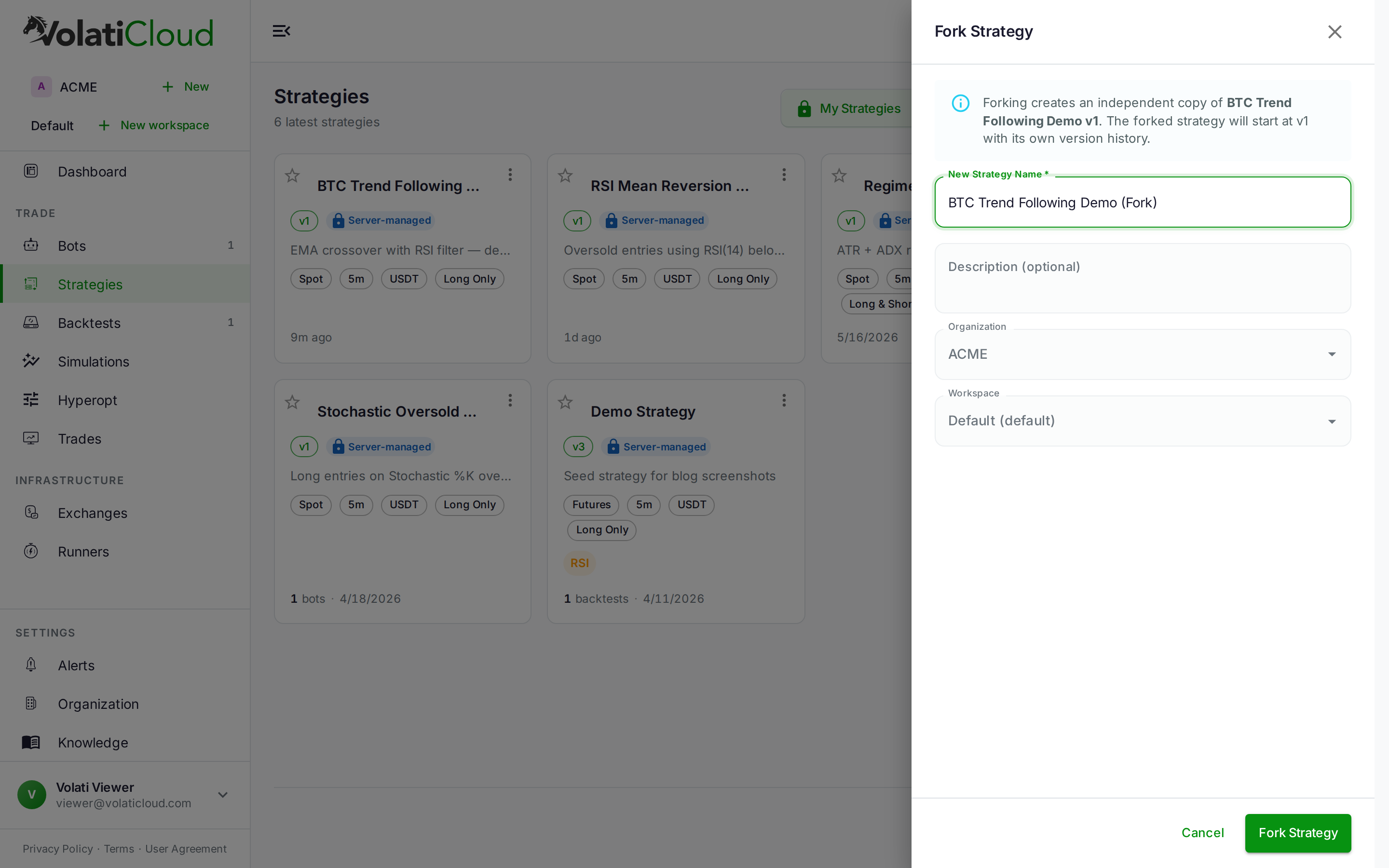 Fork Strategy drawer showing the new strategy name field, Organization dropdown set to ACME, and Workspace dropdown with Default workspace selected