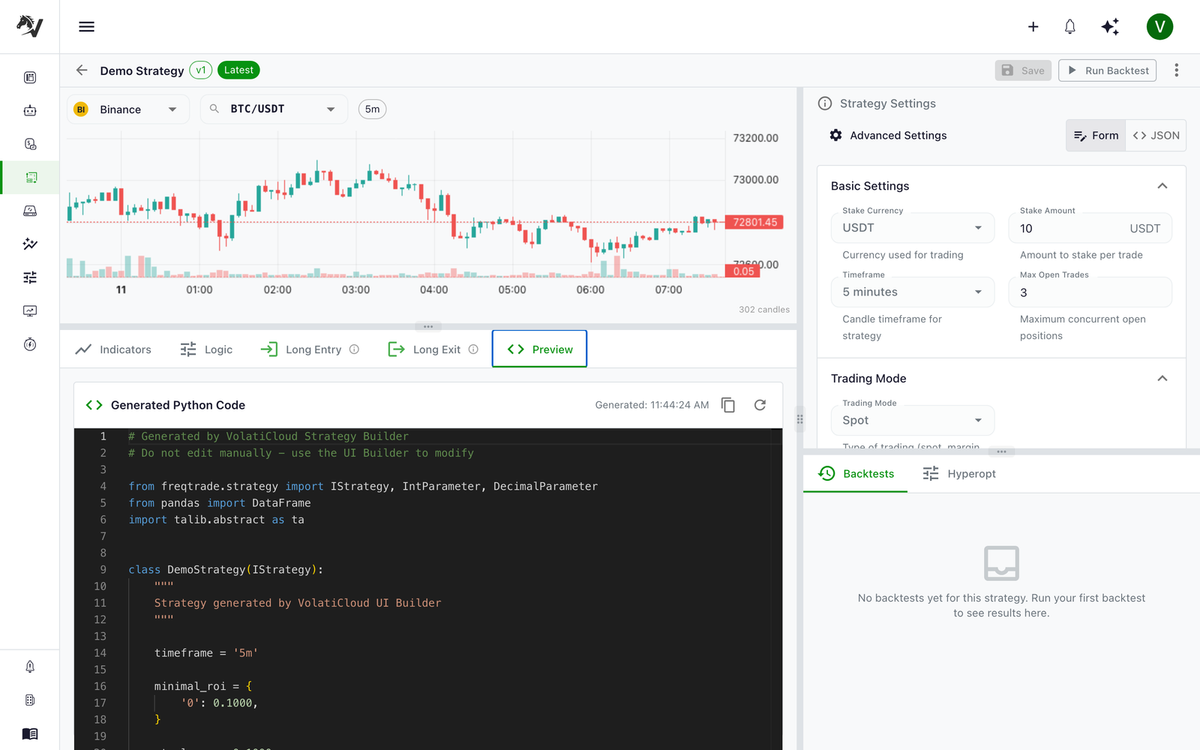 Strategy Studio Preview tab showing a generated Freqtrade Python strategy class in the Monaco code editor with Python syntax highlighting and line numbers
