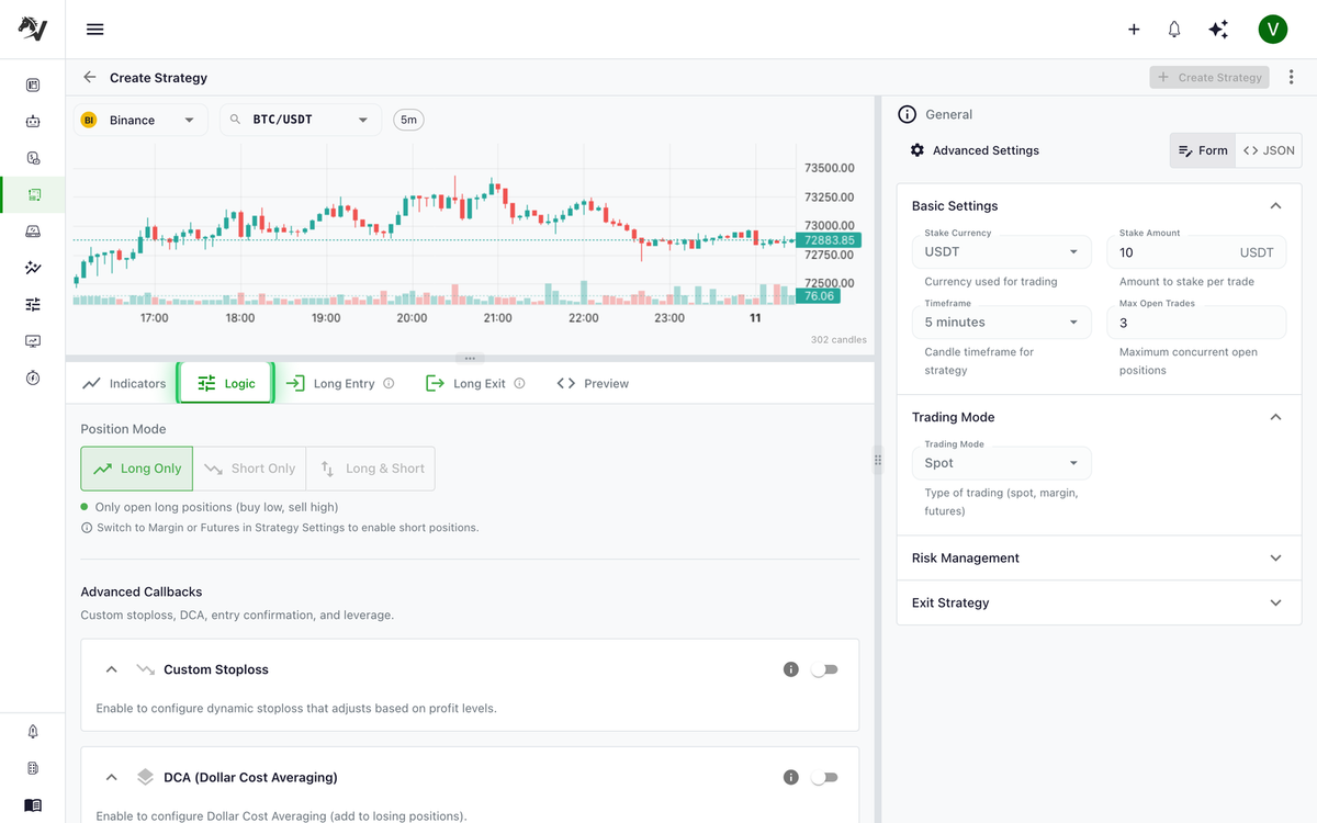Logic tab of the Strategy Builder showing the Position Mode selector set to Long Only, an Advanced Callbacks panel with Custom Stoploss and DCA sections, and the Logic tab highlighted with a green outline in the tab bar