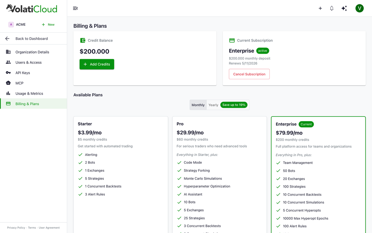VolatiCloud organization billing page with the Starter, Pro, and Team subscription plans side by side, showing the Team plan card highlighted with its per-seat pricing and the Subscribe button ready to upgrade
