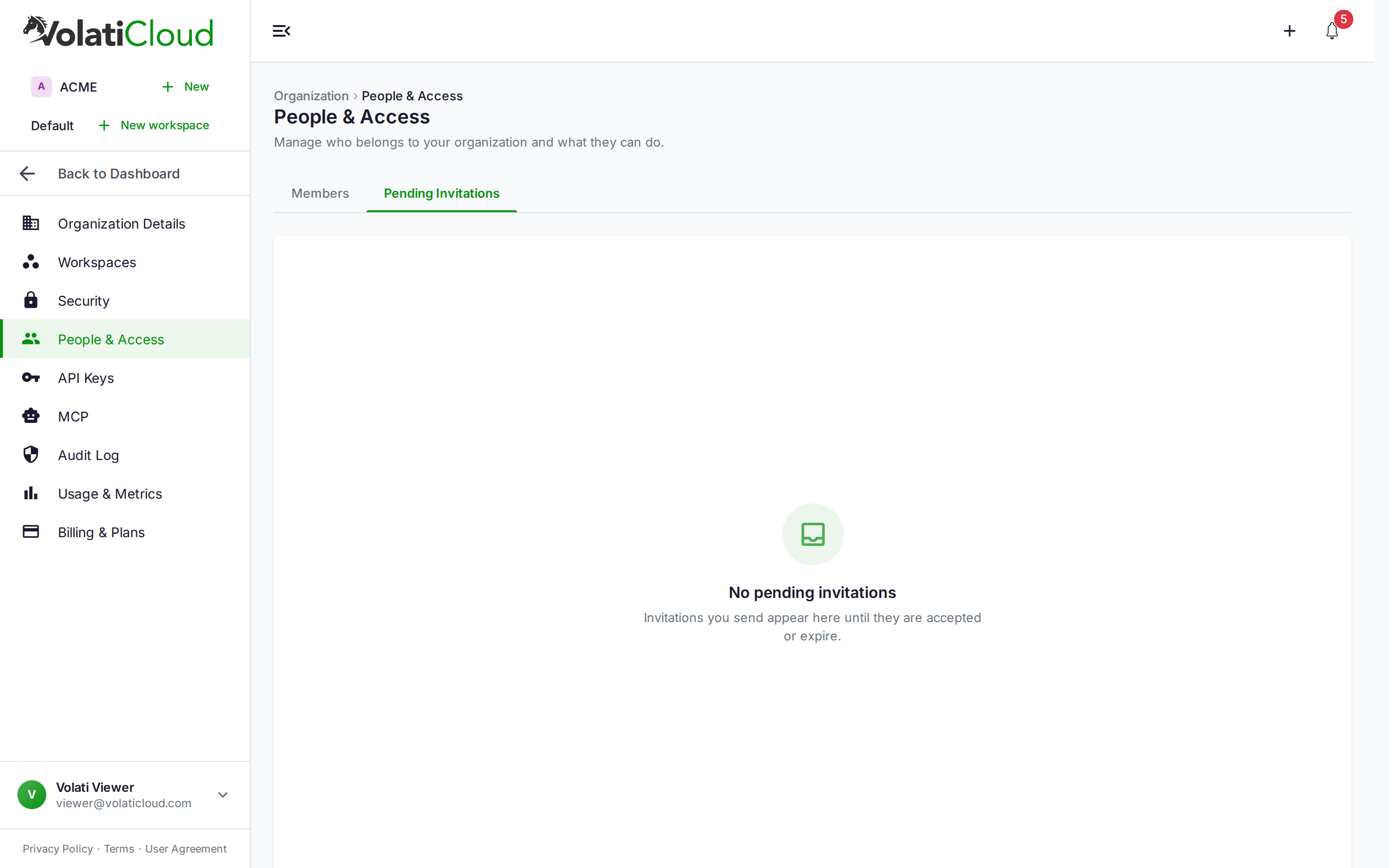 VolatiCloud Pending Invitations tab, showing the empty state that appears when an organization has no outstanding invites — the tab that populates with a row per invite once someone is invited