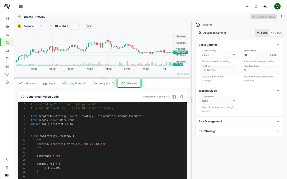 Preview tab of the Strategy Builder showing the generated Python code in a Monaco editor with freqtrade.strategy imports, a MyStrategy class, timeframe and minimal_roi configuration, and the Preview tab highlighted with a green outline in the tab bar