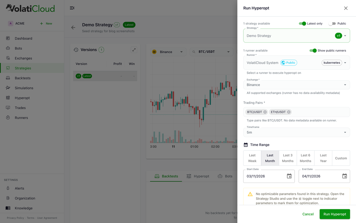 Run Hyperopt drawer in VolatiCloud showing Demo Strategy v1 selected, VolatiCloud System Kubernetes runner, Binance exchange, BTC/USDT and ETH/USDT trading pairs, 5m timeframe, and Time Range quick-select buttons with custom start and end dates — plus an inline warning "No optimizable parameters found in this strategy" guiding the user to the Strategy Studio to mark parameters for optimization