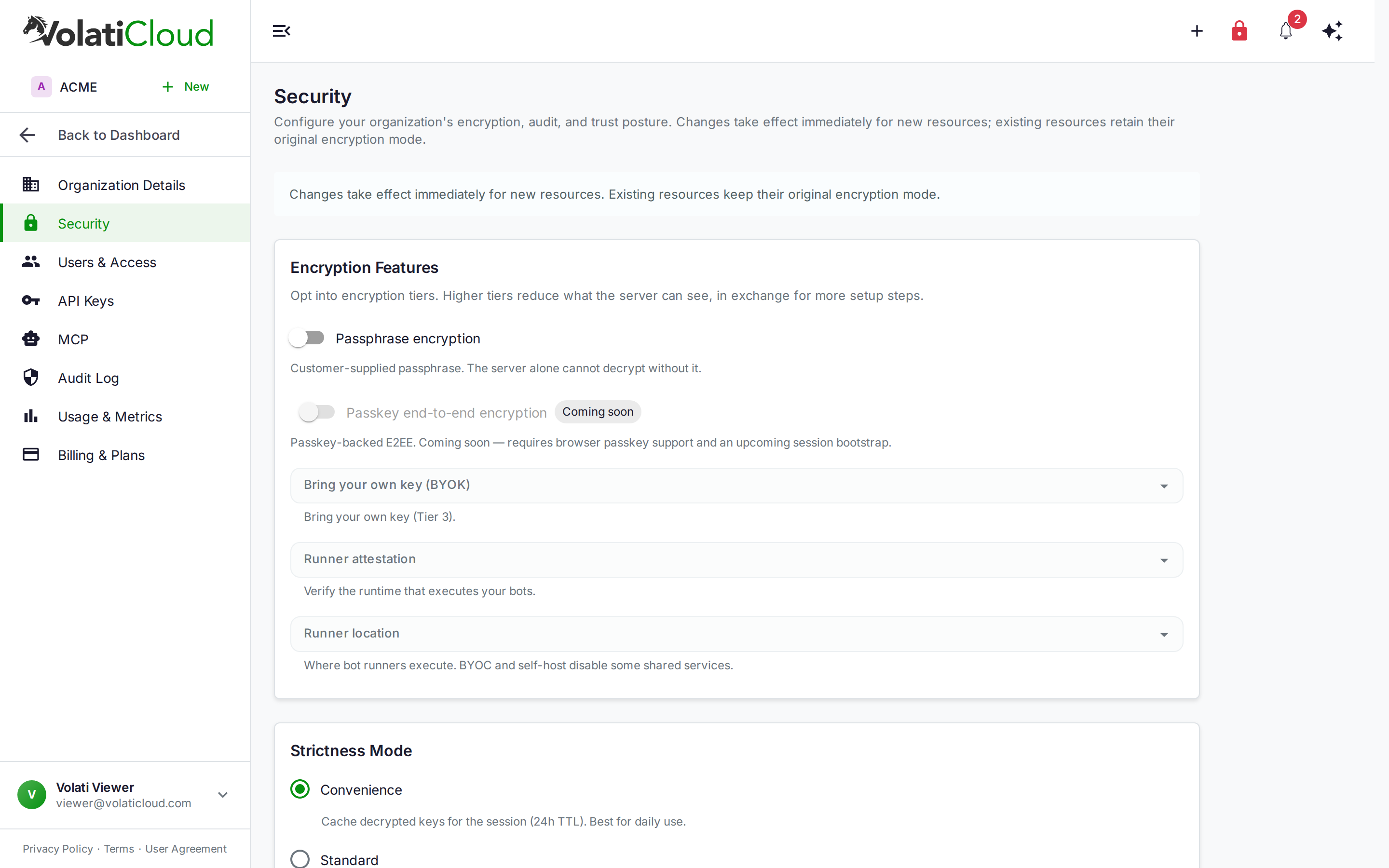 VolatiCloud Organization Security page showing the Encryption Features section with passphrase encryption toggle and trust tier controls