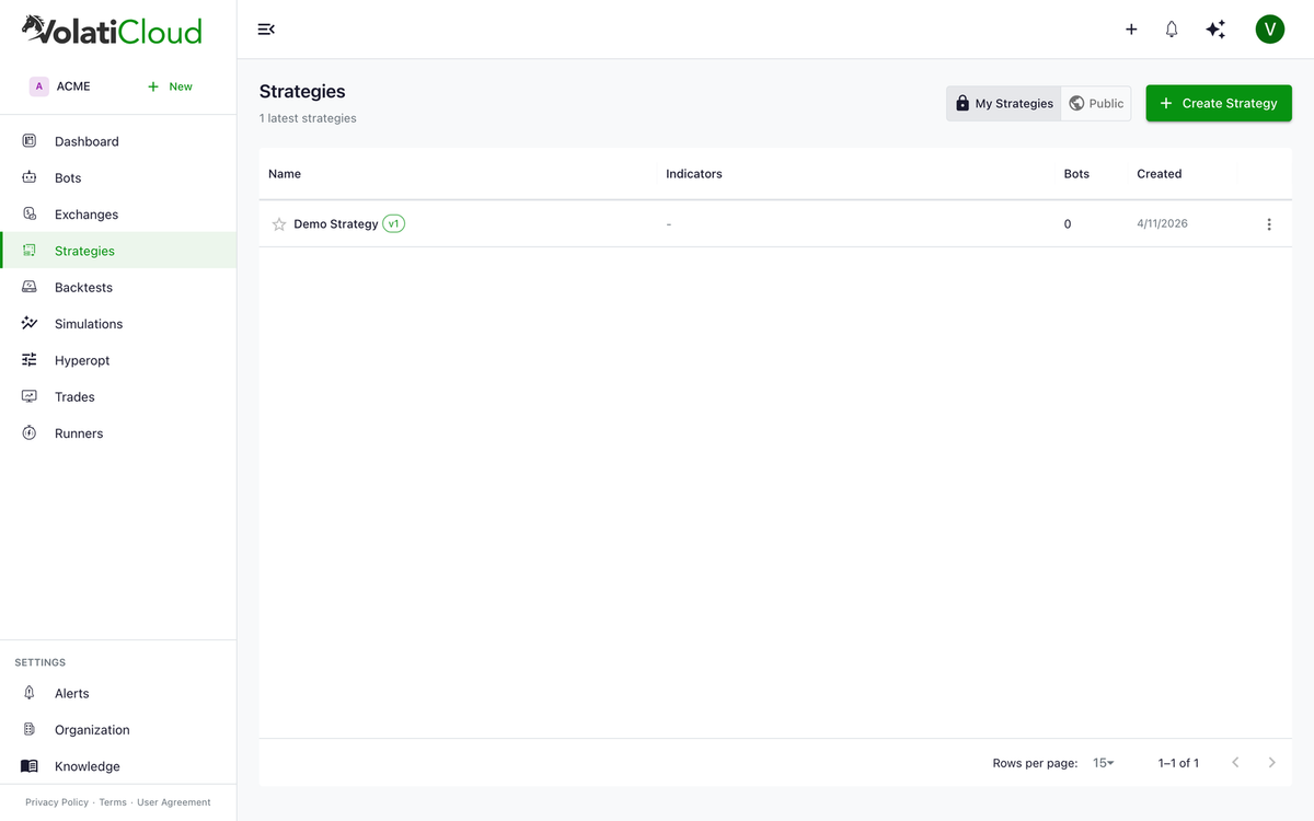 Strategies list page in VolatiCloud showing the Demo Strategy row in the data grid, with "My Strategies" and "Public" view toggles and a green "Create Strategy" button