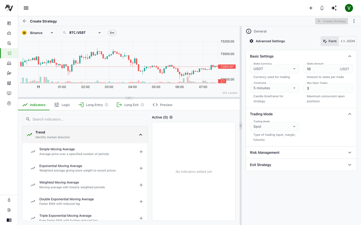 Strategy Studio with the visual UI Builder, showing the indicator library, Indicators/Logic/Long Entry/Long Exit/Preview tab bar, and the Strategy Settings panel on the right