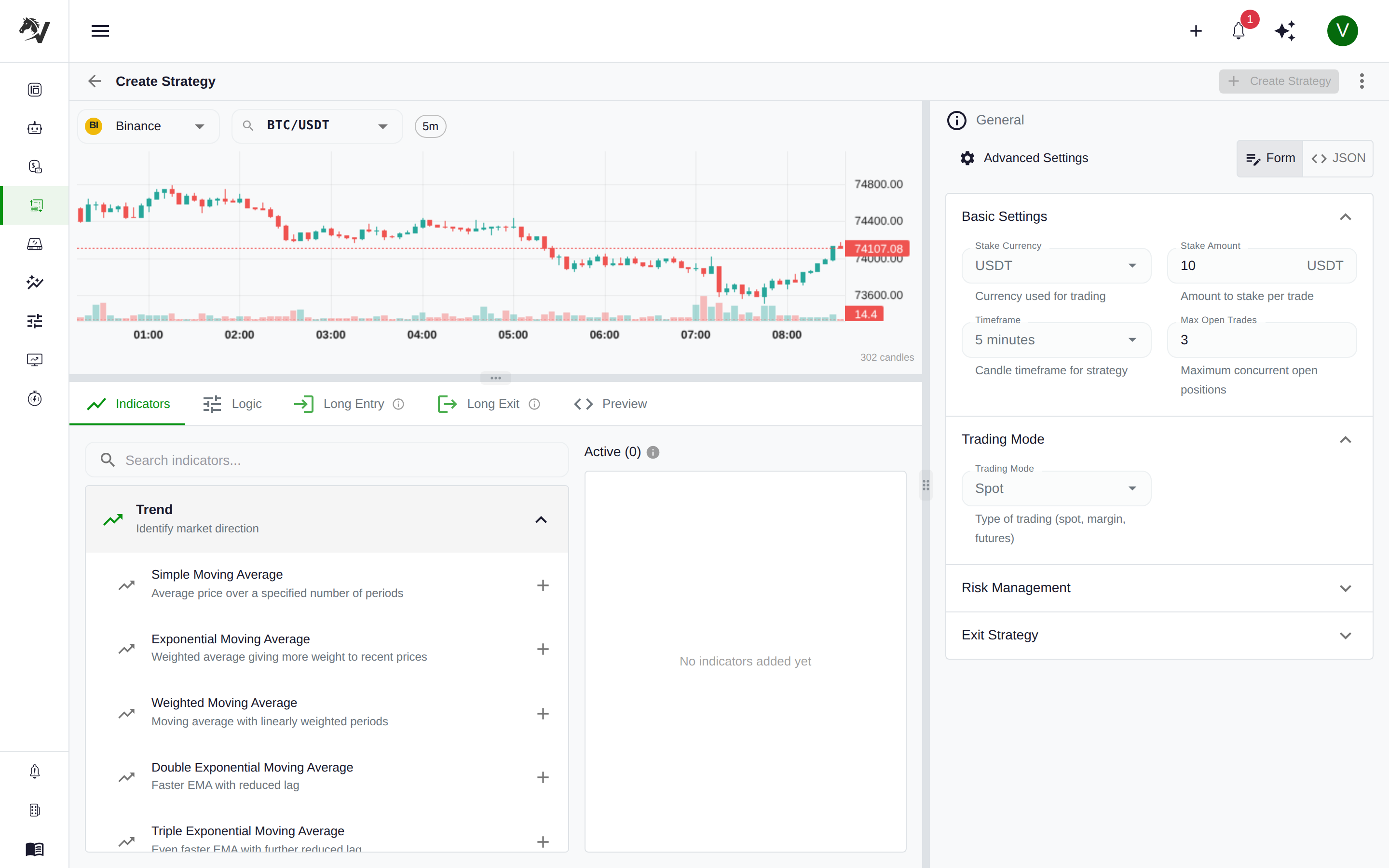 VolatiCloud Strategy Builder new strategy creation page with UI Builder mode for building ATR-based indicator conditions and logic trees