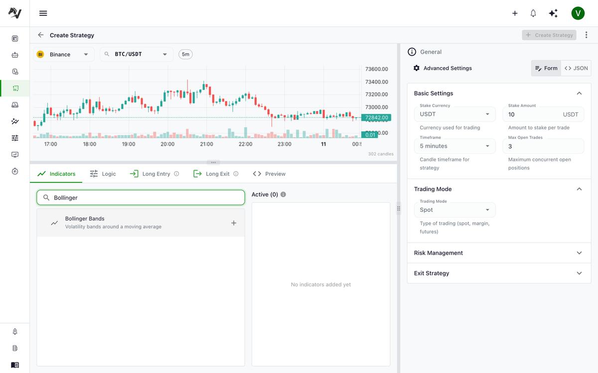 VolatiCloud Strategy Builder with live Binance BTC/USDT chart and the indicator library filtered to Bollinger Bands, showing the BB indicator ready to add to a condition tree