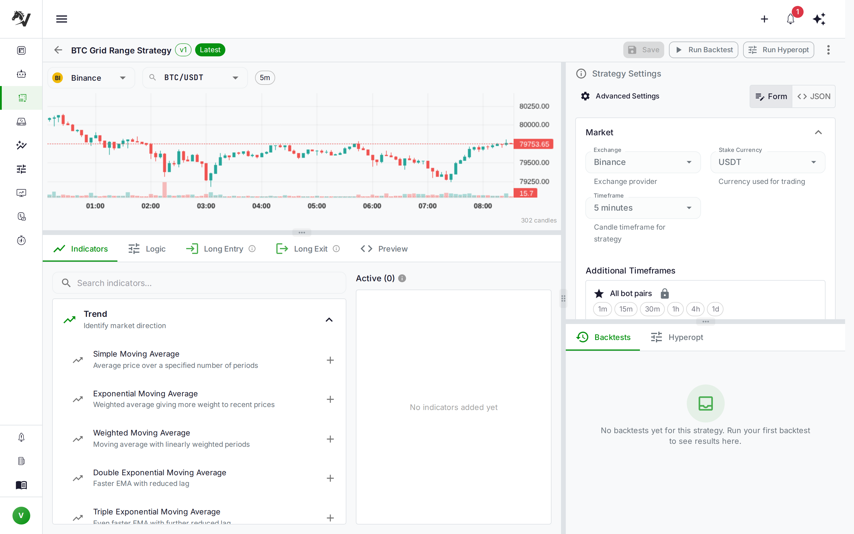 VolatiCloud Strategy Builder Indicators tab showing the full indicator library on the left — browse Trend, Momentum, and Volatility categories to add Bollinger Bands, ADX, and RSI for a grid range strategy, with BTC/USDT chart and Strategy Settings panel