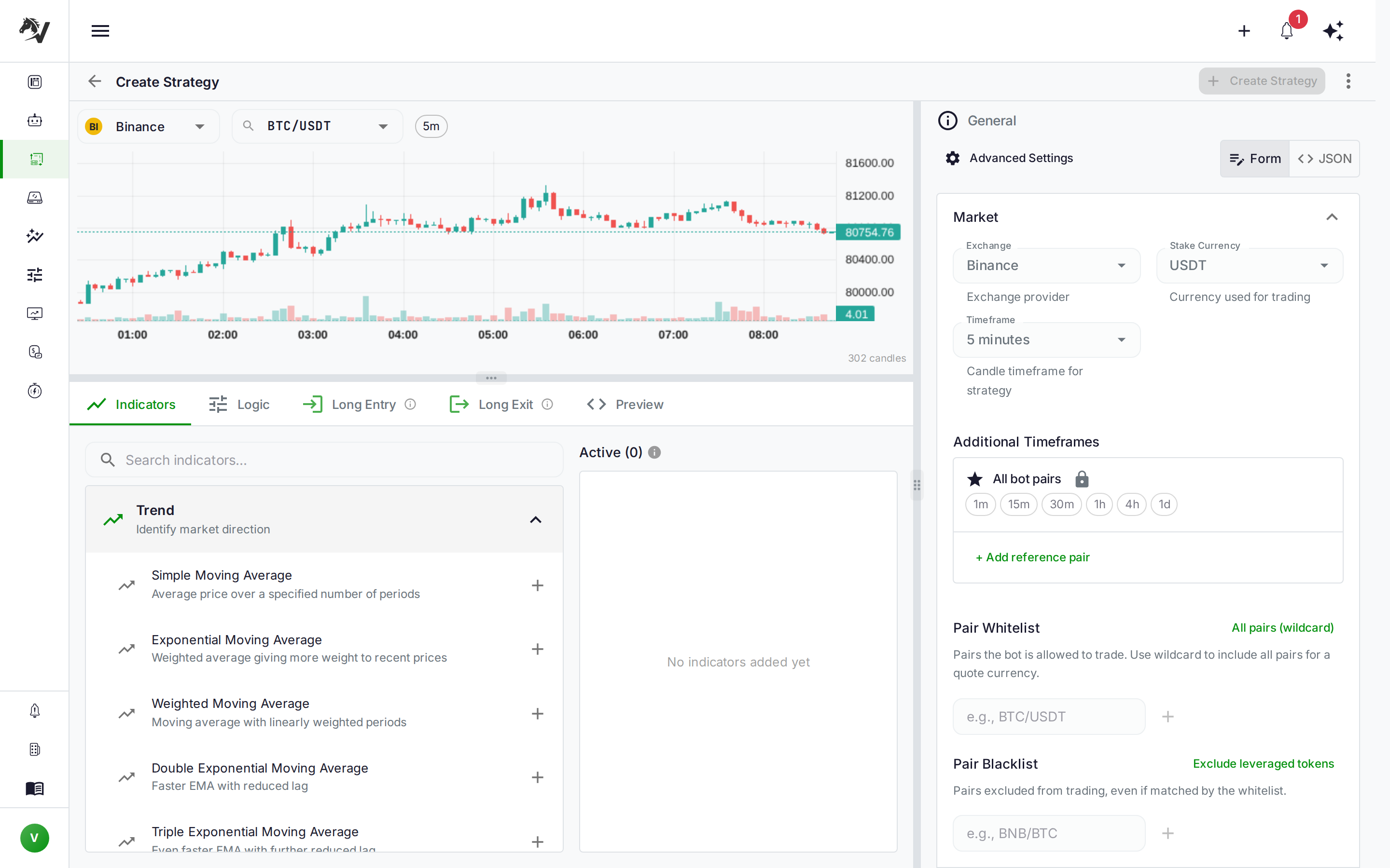 VolatiCloud Strategy Builder on the Indicators tab, showing the technical indicator library — the strategy code powering these conditions is encryptable with a passphrase