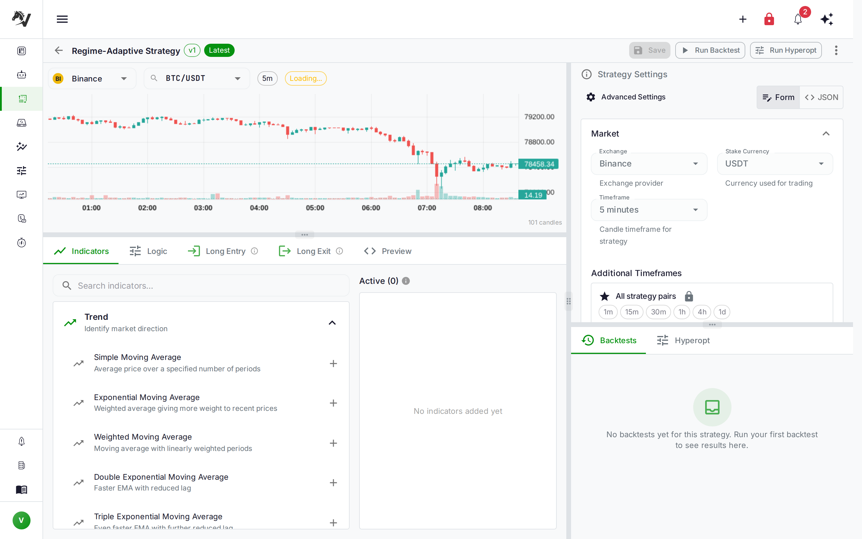 VolatiCloud Strategy Builder showing the Indicators tab with ATR, EMA, ADX configured for market regime detection