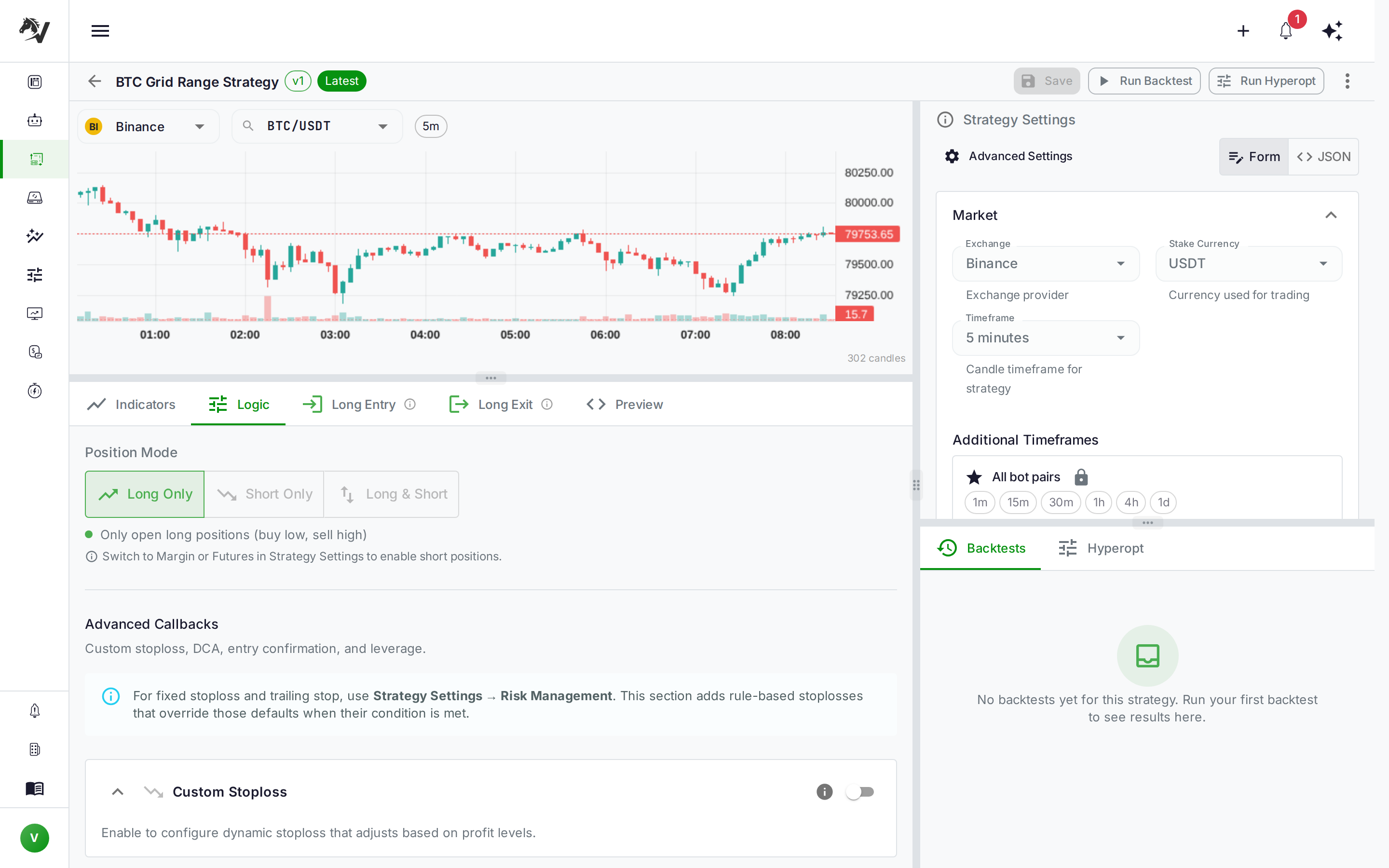 VolatiCloud Strategy Builder Logic tab showing Position Mode selection (Long Only, Short Only, Long & Short) and Advanced Callbacks including custom stoploss configuration for a grid range strategy