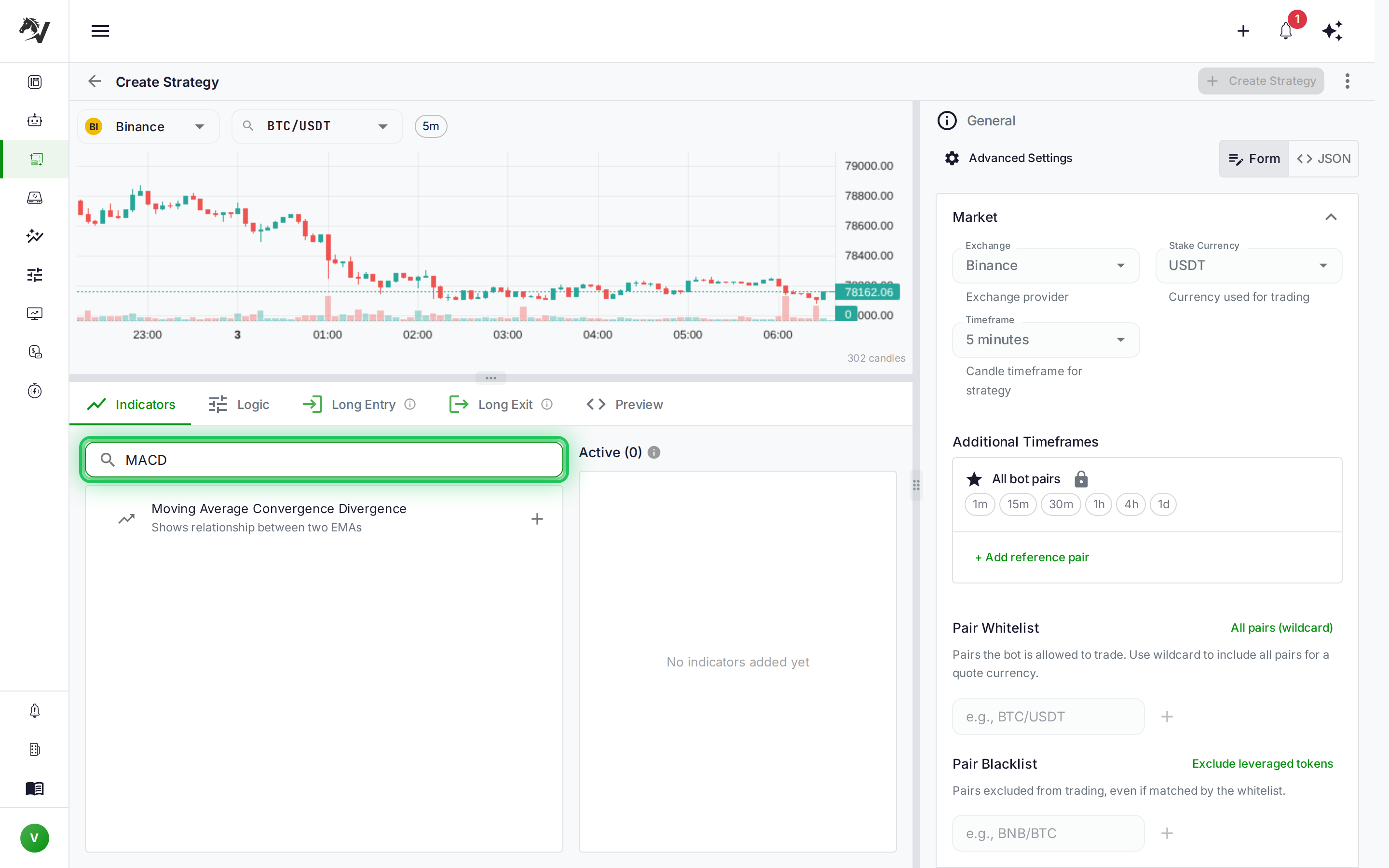VolatiCloud Strategy Builder with the Indicators tab open and the indicator library filtered to MACD (Moving Average Convergence Divergence), highlighted in the momentum category alongside RSI and Stochastic
