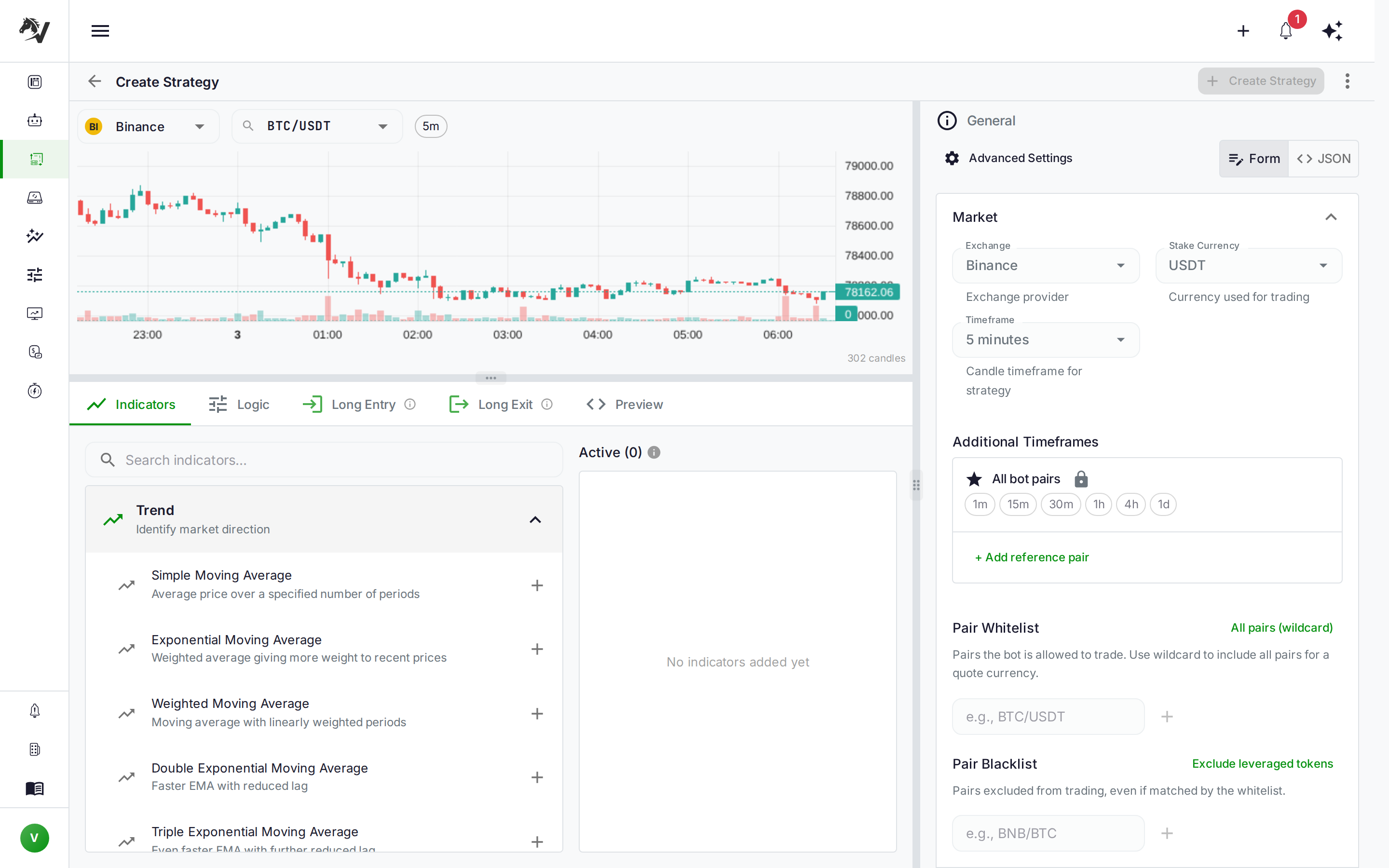 VolatiCloud Strategy Builder Indicators tab where each indicator can be assigned a non-primary timeframe — the per-indicator timeframe dropdown drives automatic informative-pairs population in the generated Freqtrade config