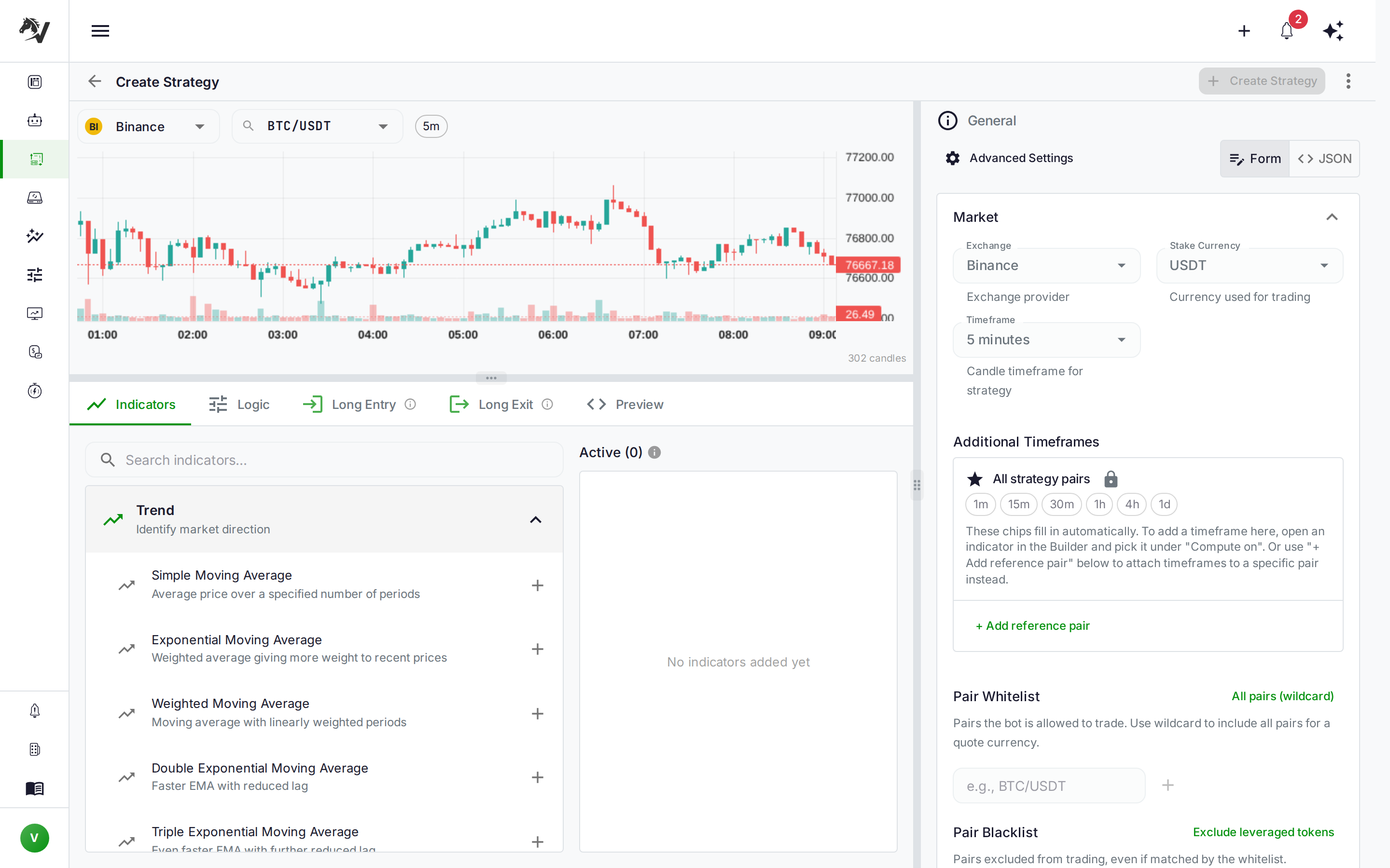 VolatiCloud Strategy Builder showing the indicator library on the left, chart preview in the center, and General Settings panel on the right where the market, timeframe, and stake are configured