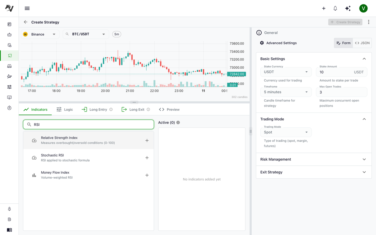 VolatiCloud Strategy Builder with live Binance BTC/USDT chart and the indicator library filtered to RSI (Relative Strength Index), showing the RSI node ready to drop into the canvas