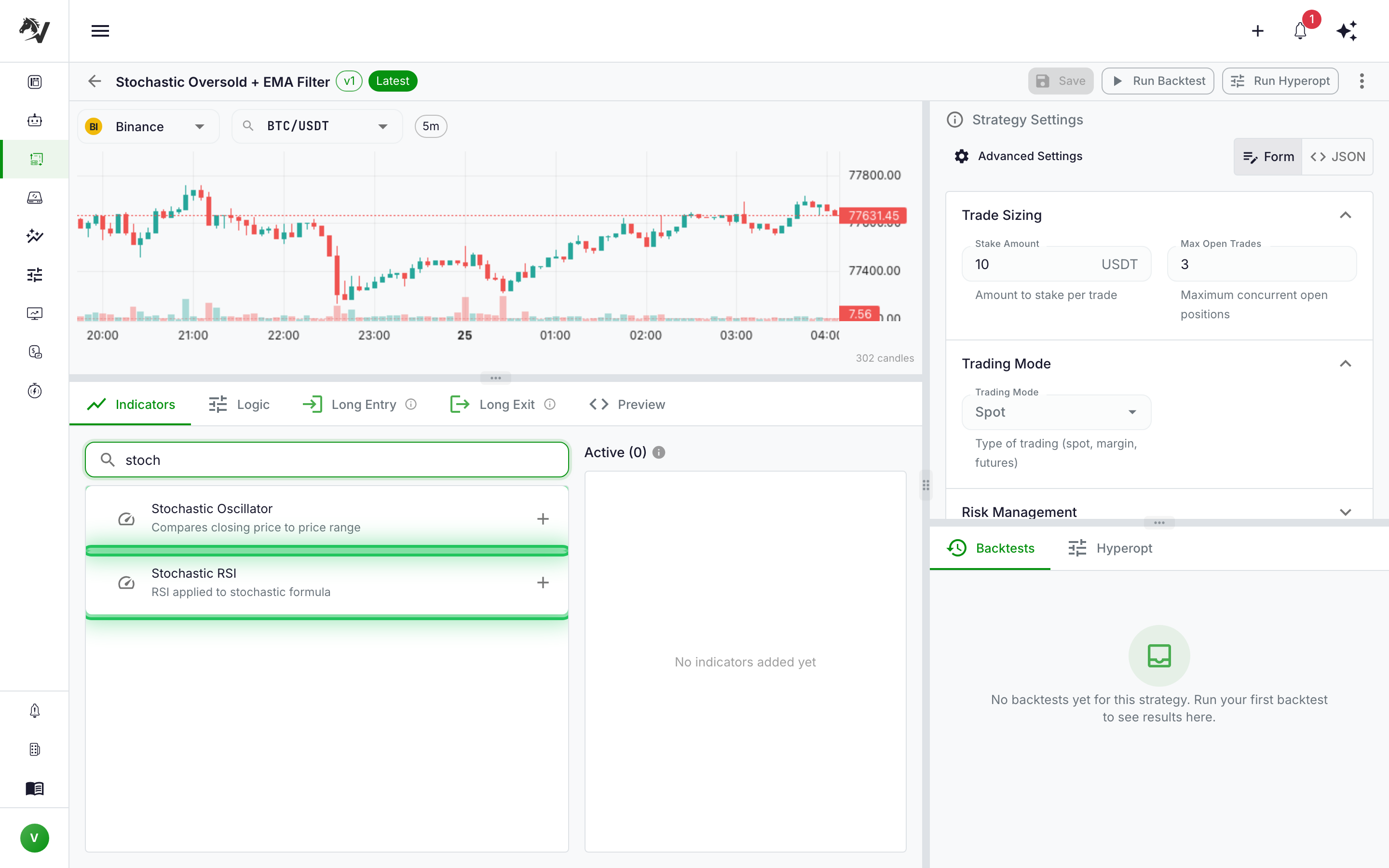 VolatiCloud Strategy Builder with a new strategy named "Stochastic Oversold + EMA Filter", showing the Indicators tab with the Stochastic search results highlighted in the momentum indicator library