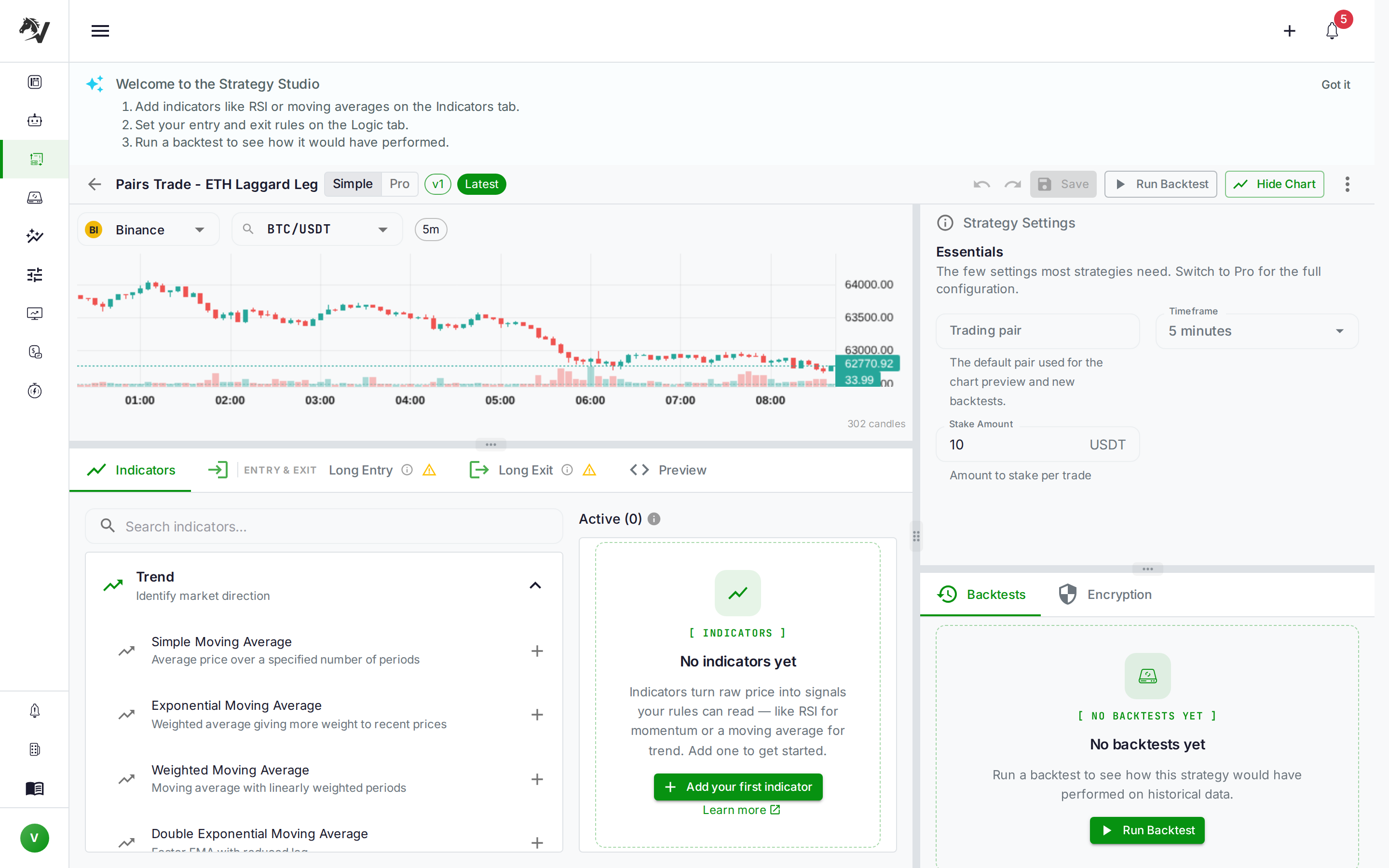 VolatiCloud Strategy Studio with a live BTC/USDT chart, the Indicators tab open, and Essentials settings for stake amount and timeframe — this is where each leg of a pairs trade is configured independently