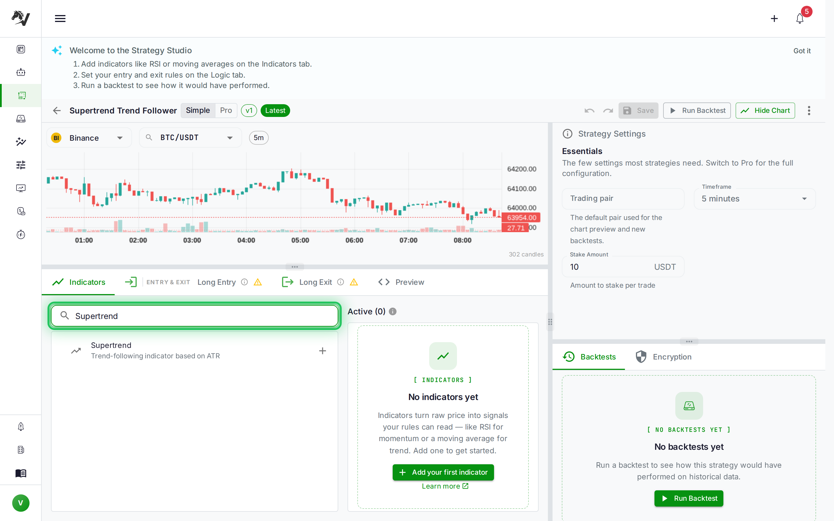 VolatiCloud Strategy Builder with live Binance BTC/USDT chart and the indicator library filtered to Supertrend, showing "Trend-following indicator based on ATR" ready to drag into a condition tree