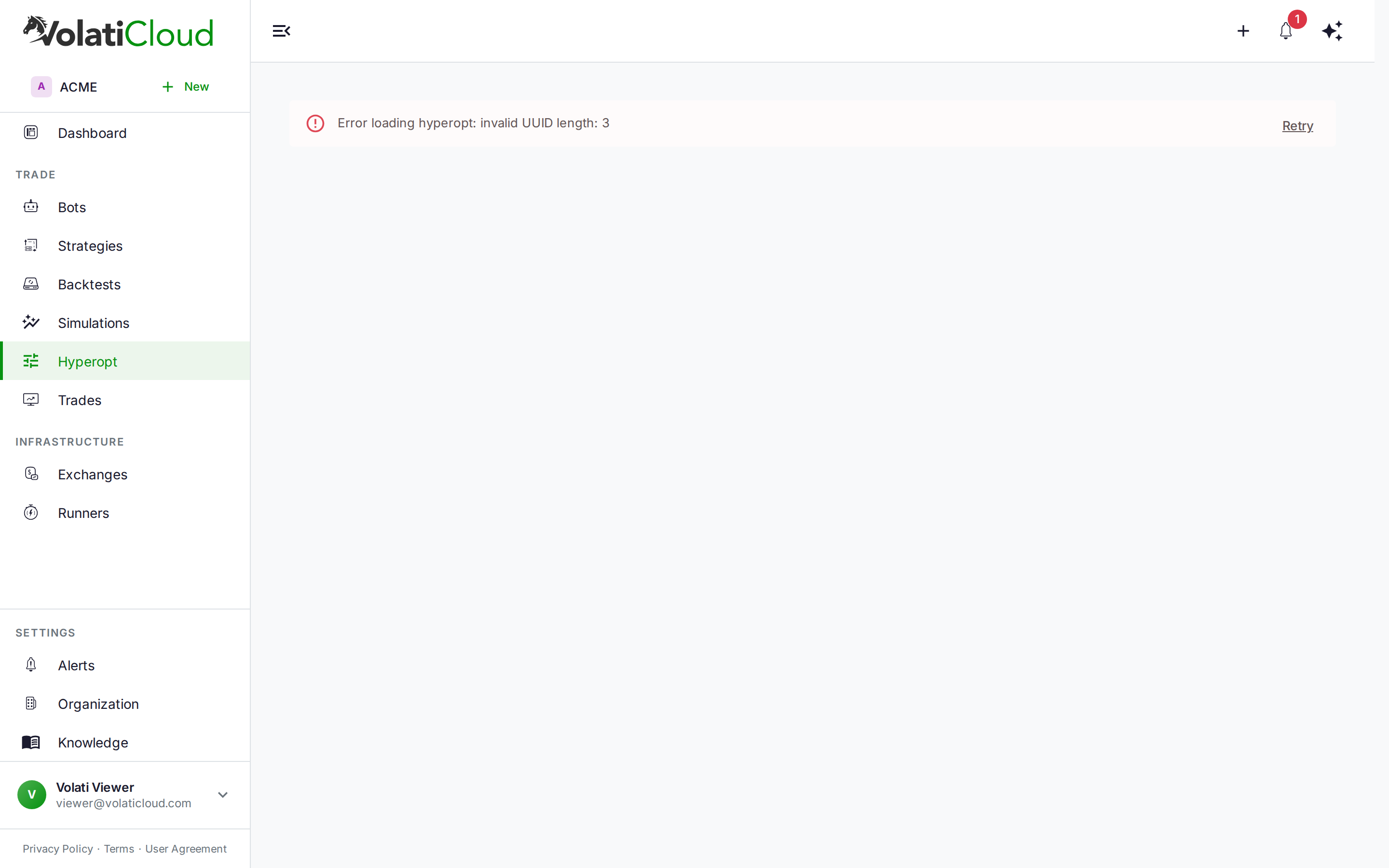 VolatiCloud hyperparameter optimization drawer with Strategy, Runner, Exchange, Pairs, Timeframe, and Time Range fields plus an Epochs, Loss Function, and Spaces configuration block — used to run the per-window hyperopt passes that walk-forward optimization requires