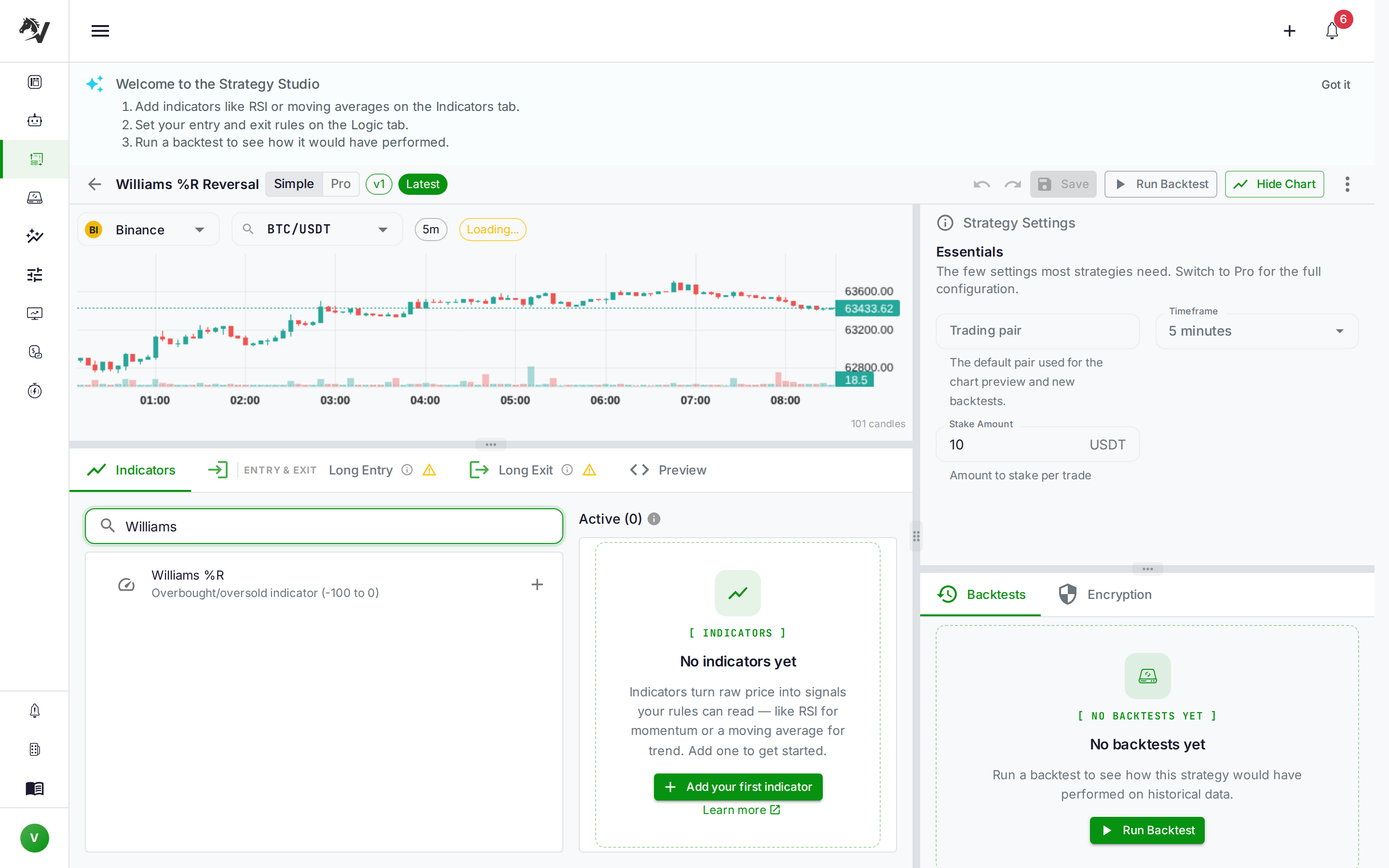 VolatiCloud Strategy Builder Indicators tab showing the Williams %R search result: "Overbought/oversold indicator (-100 to 0)" in the momentum indicator library