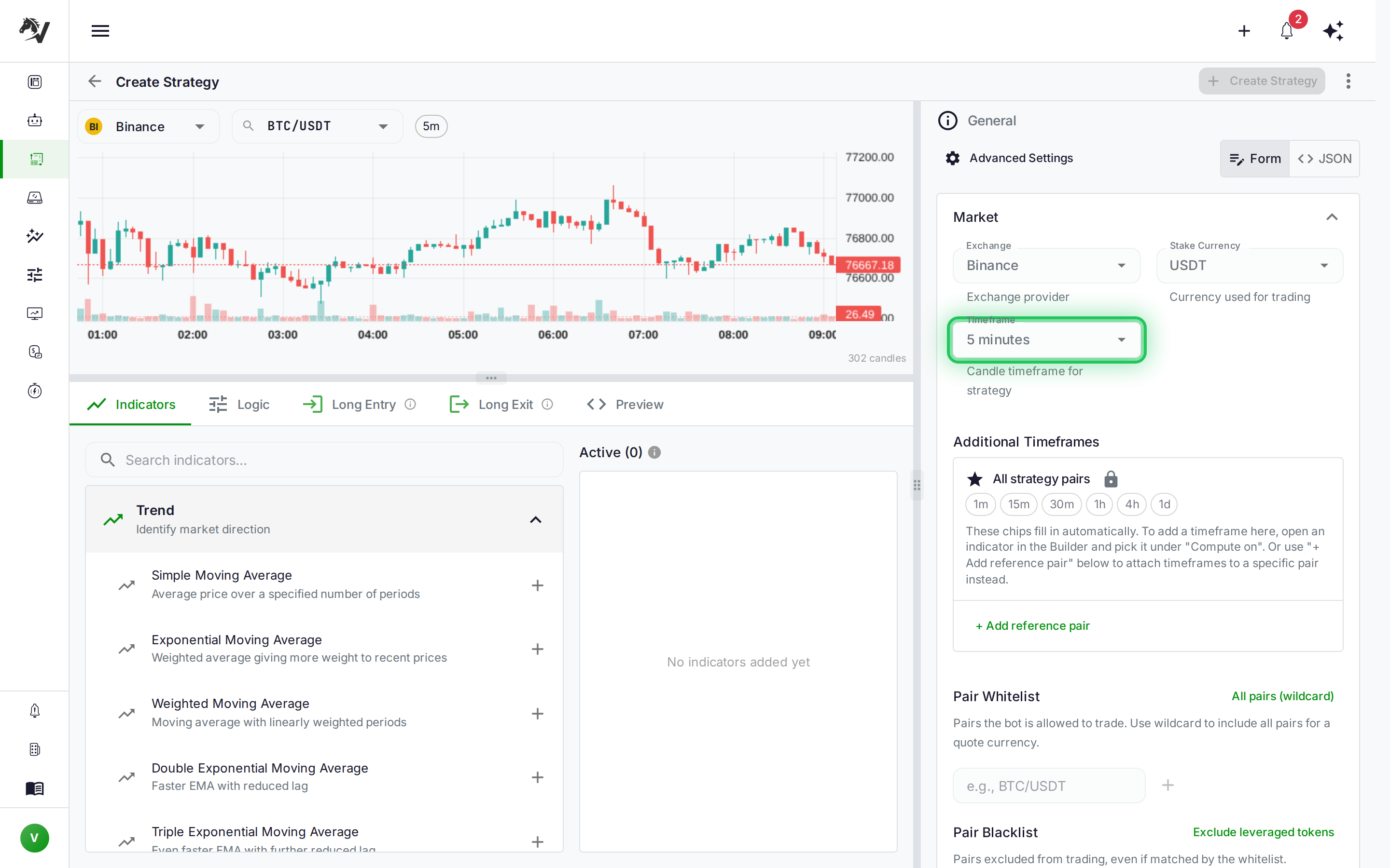 VolatiCloud Strategy Builder timeframe configuration selector highlighted in the General Settings panel, showing the 5m option selected